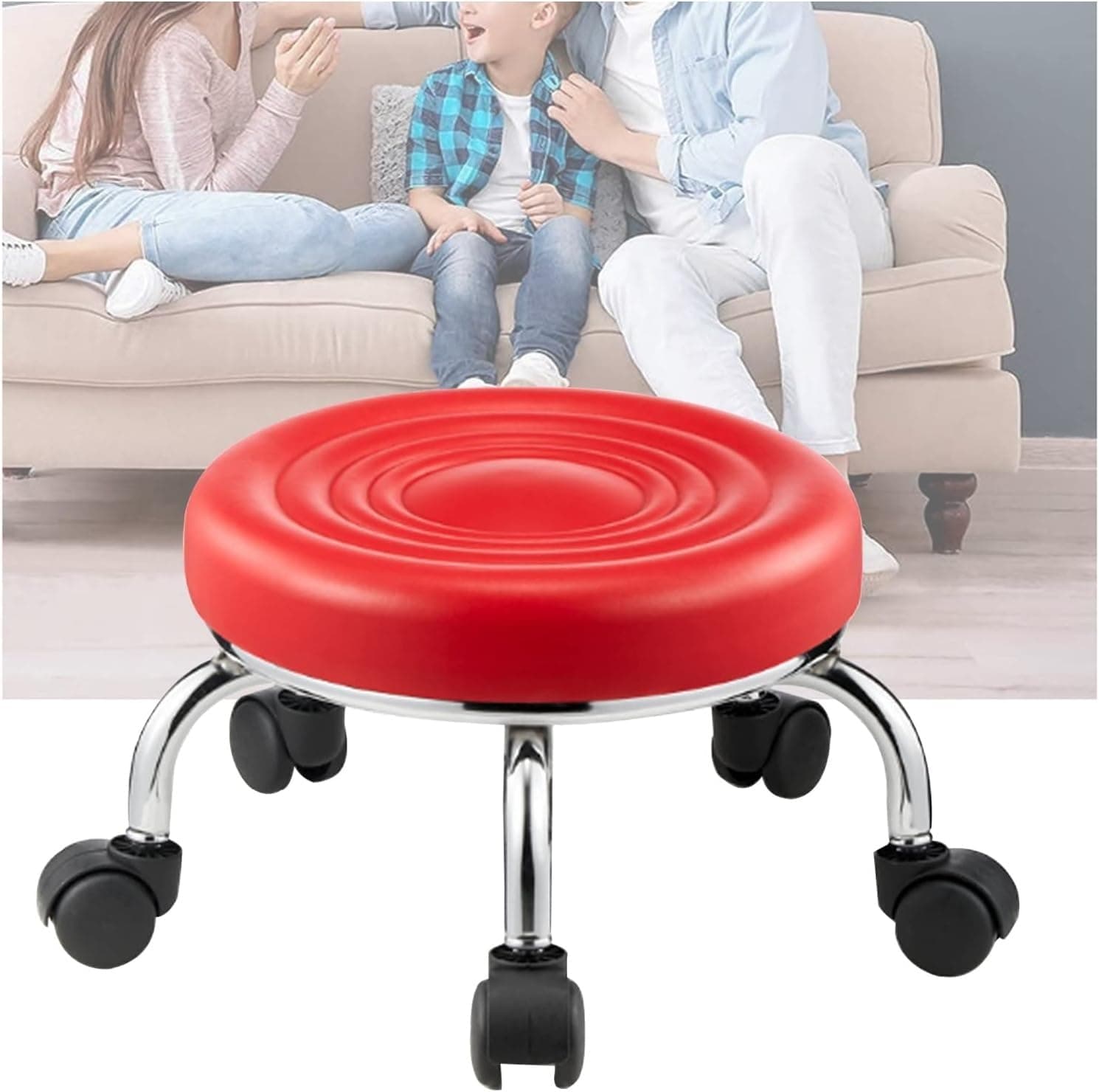 Roller Seat Stool Low, Short Small Upholstered Seat Sponge Cushion Bearing Rubber Rolling Wheels for Indoor Outdoor Practical and Durable Pedicure Bench Footrest(Red,23x33cm)