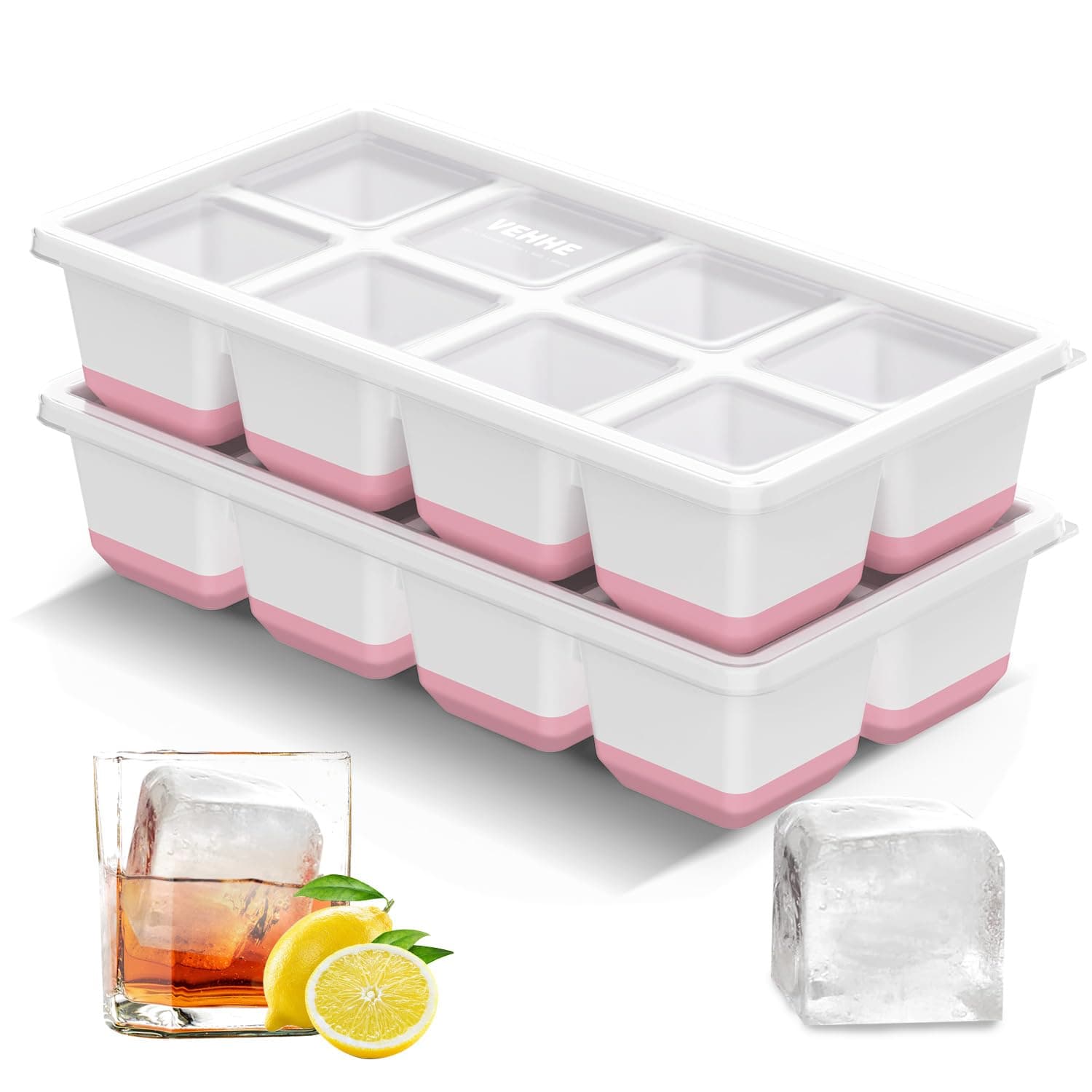 VEHHE Large Ice Cube Tray, Silicone Bottom, Easy Release, 2 Pack, Pink