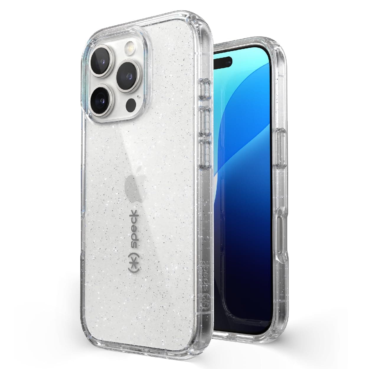 Speck Clear iPhone 16 Pro Case - Slim Phone Case - GemShell - Clear/Platinum Glitter