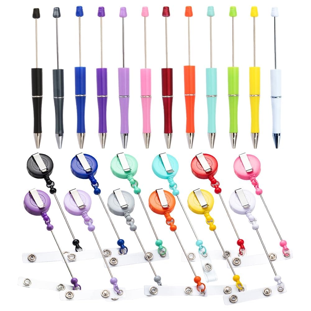 24 Pcs DIY Beaded Pen Kit Include 12 Pcs Colorful Beadable Ballpoint Pens Color Bead Ball Point Pen Black Ink Beaded Pens 12 Pcs DIY Nurse Badge Reels Retractable Badge Reel Clips Office Supplies