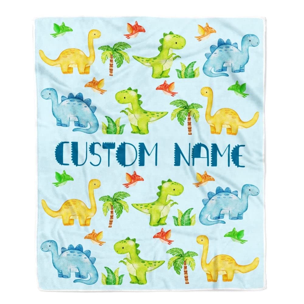 CenturyTee Personalized Baby Blanket with Name Custom for Baby Boy Dinosaur Light Blue Newborn Kids Son Grandson Nephew Birthday Christmas Customized Fleece Blanket (30 x 40 in Baby Size)