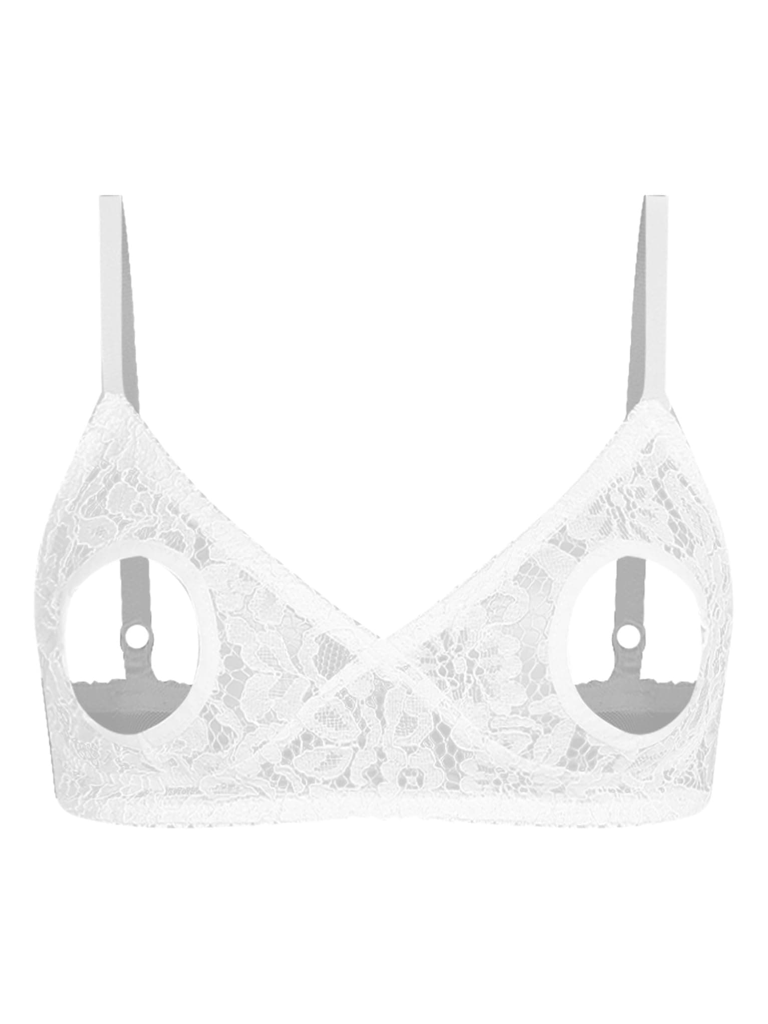 Zaldita Womens Sexy Lingerie Lace Hollow Out Open Nipples Wireless Push Up Unlined Bra Tops Bralette Ivory 5XL