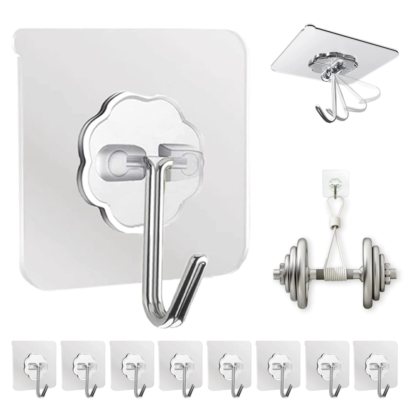 DDMY Adhesive Hooks 33lb(Max) Heavy Duty Self Adhesive Hooks Transparent Waterproof and Oilproof Wall Hooks for Kitchen Bathroom Shower Door Outdoor Home Improvement Utility Hook 10 Pack