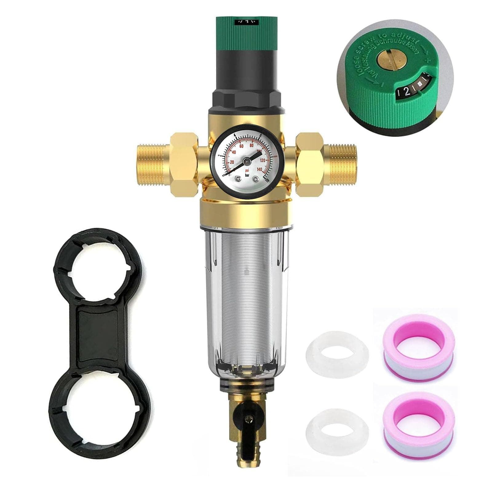 Spin Down Sediment Filter, Whole House Water Filter System 40 Micron Reusable and Flushable Prefilter Filtration Sediment Water Sand Filter with Pressure Reducer and Pressure Gauge