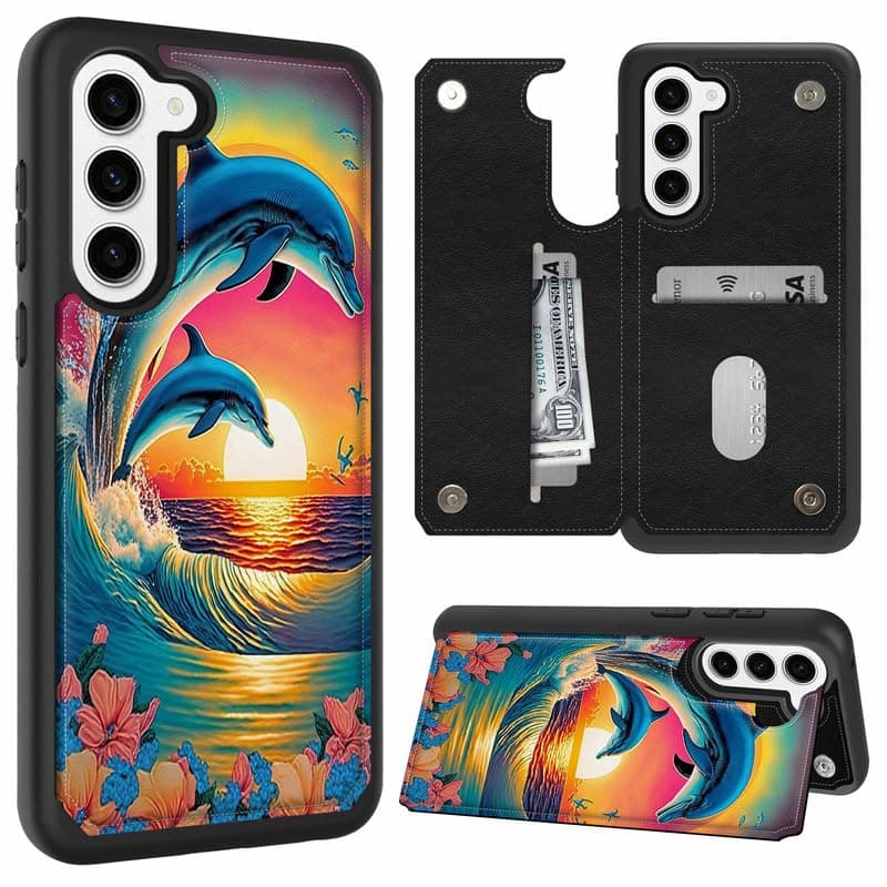 FUYOCWE for Samsung Galaxy S24 Case Wallet with Card Holder Slot,Dolphins Jump in The Sunset PU Leather Kickstand Phone Cover Case for Samsung Galaxy S24 (Dual Magnetic Clasp+RFID Blocking)