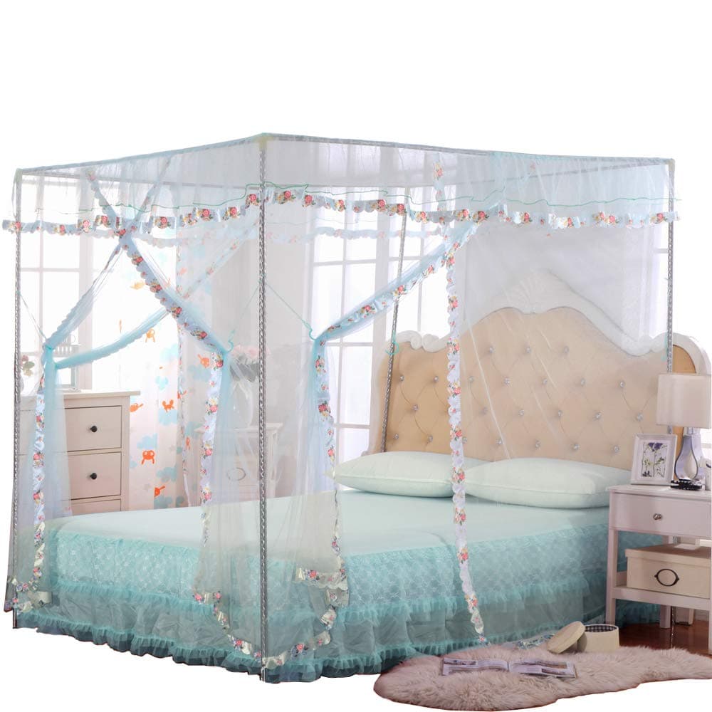 JQWUPUP Mosquito Net for Bed - 4 Corner Canopy for Beds, Canopy Bed Curtains, Bed Canopy for Girls Kids Toddlers Crib, Bedroom Decor (Queen Size, Light Blue)