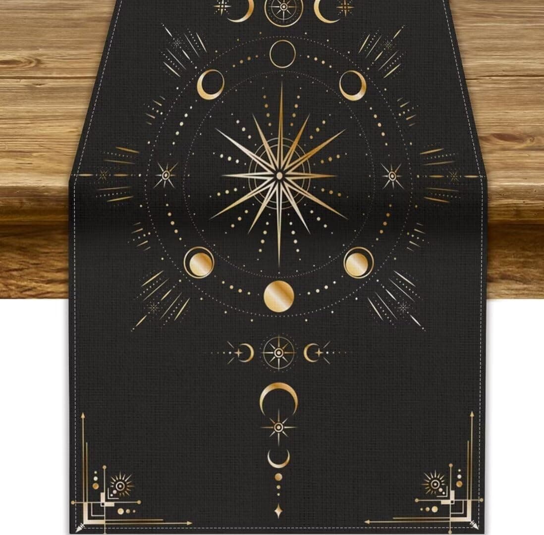 Mystic Tarot Table Runner, Magical Geometric Symbols Golden Moon Phase Stars Print Table Cover for Dining Room Kitchen Rectangular Runner, 13x120inch