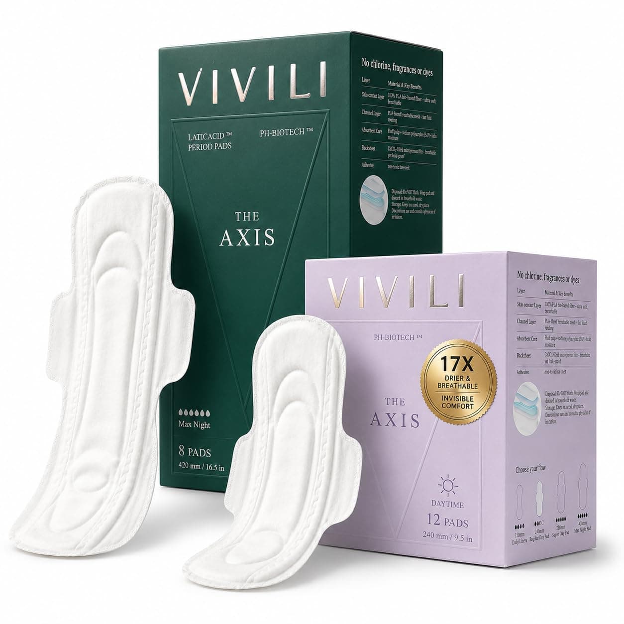 VIVILI Day & Night Pads Combo XXL Overnight 16.5" + Regular 9.5" Wings