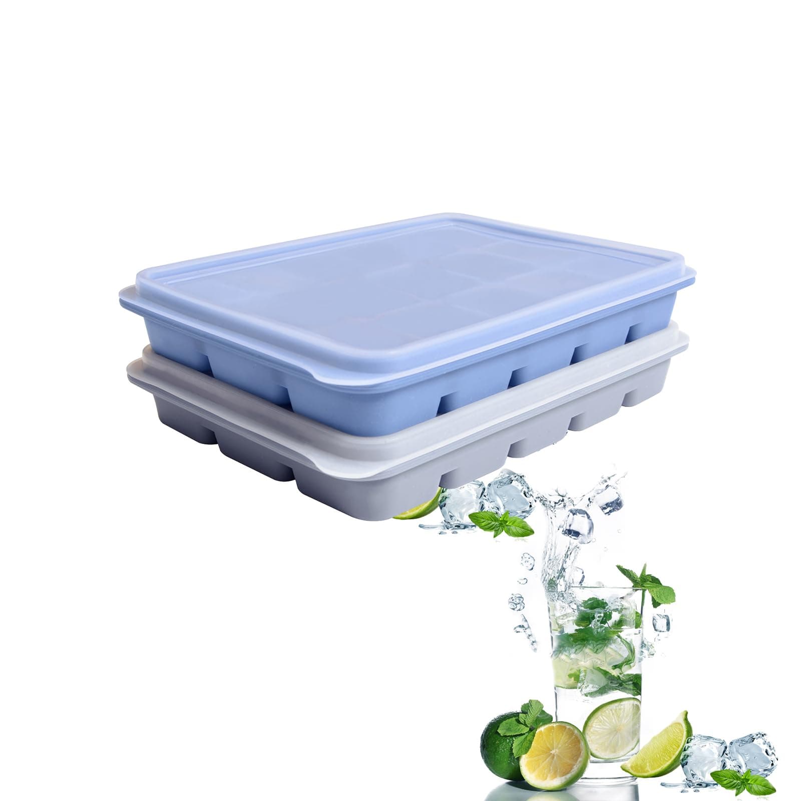 Tvmania Ice Cube Trays Set of 2, 15-Cube Silicone Molds with Removable Lids
