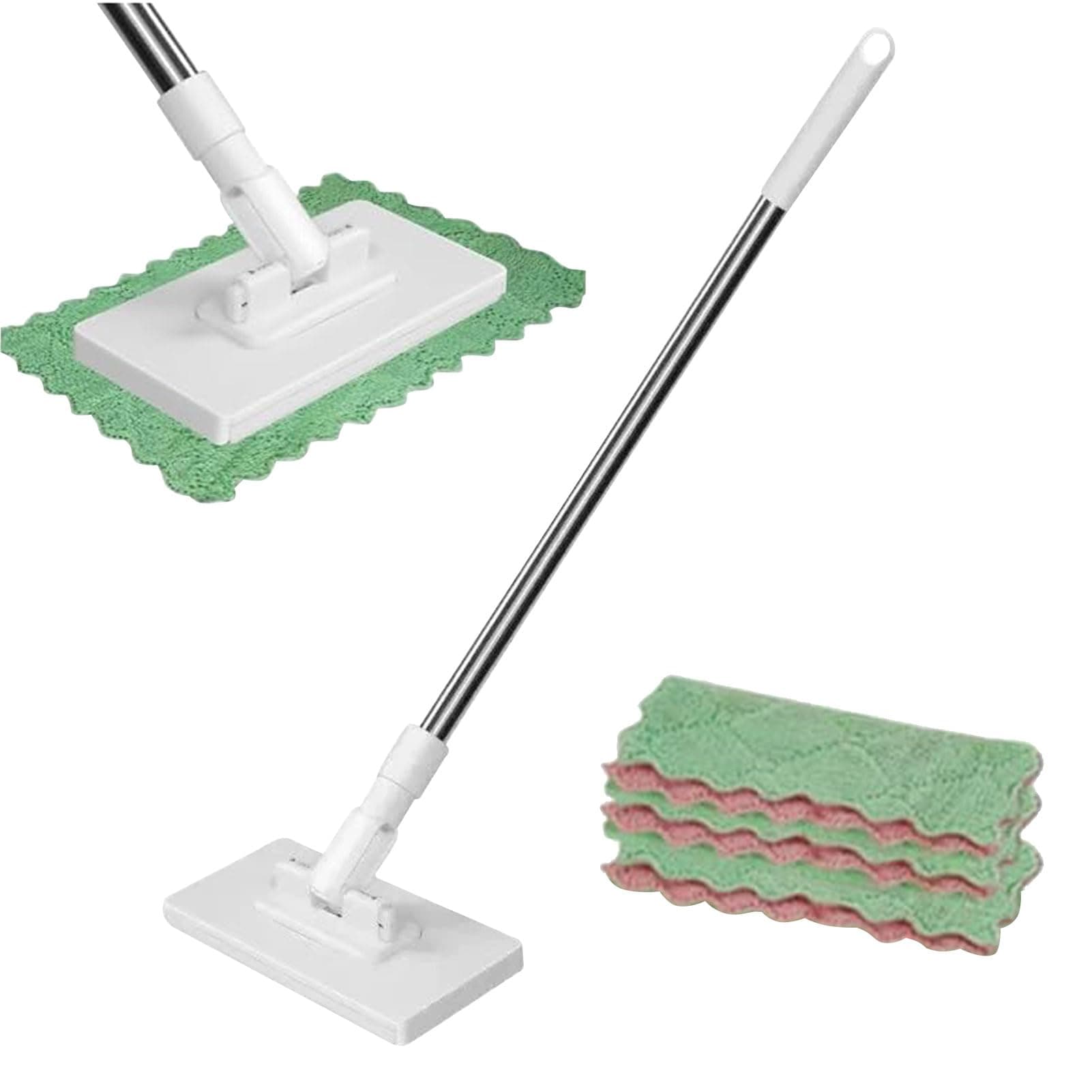 Self Clip Cloth Mop, Disposable Dust Mop with 2 Reusable Cloths, No-Wash Press Clamp Removable Flat Mop with Disposable Pads, 39inch Long Handle Wet & Dry Mopping for Multi Surface Floor Wall Cleaning