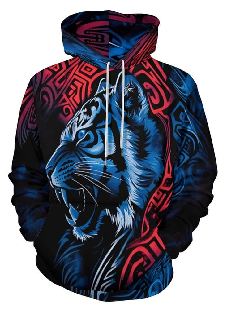ENLACHIC Men's Viking Tattoo 3D Digital Print Hoodies Pullover Sweatshirt, Blue Viking Tiger, M