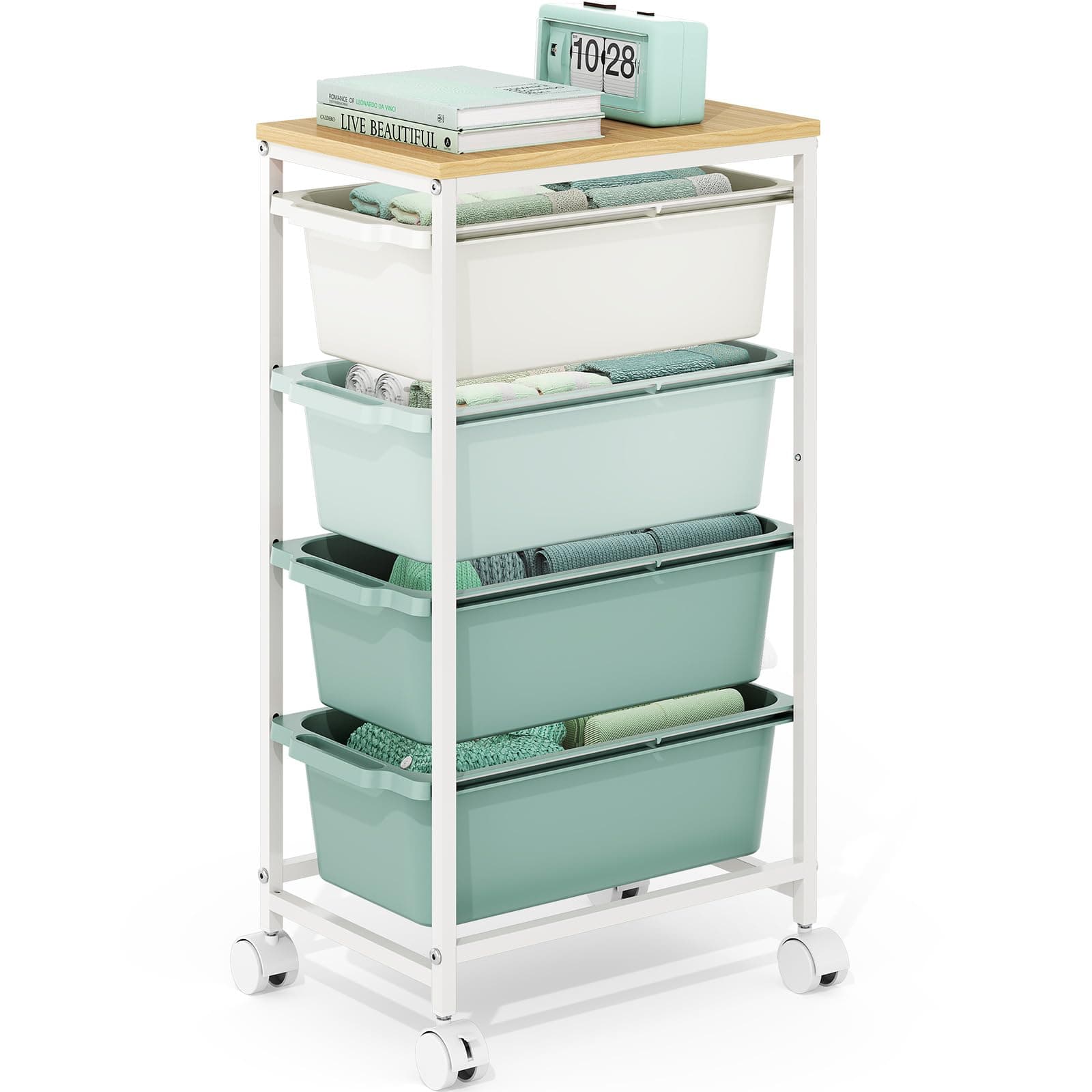 KINGBOARD Slim Rolling Cart with 4 Drawers, Metal Utility Storage Cart | Wooden Tabletop, Lockable Wheels, Table Side Trolley for Bedroom, Children's Room and Office Organization, Green
