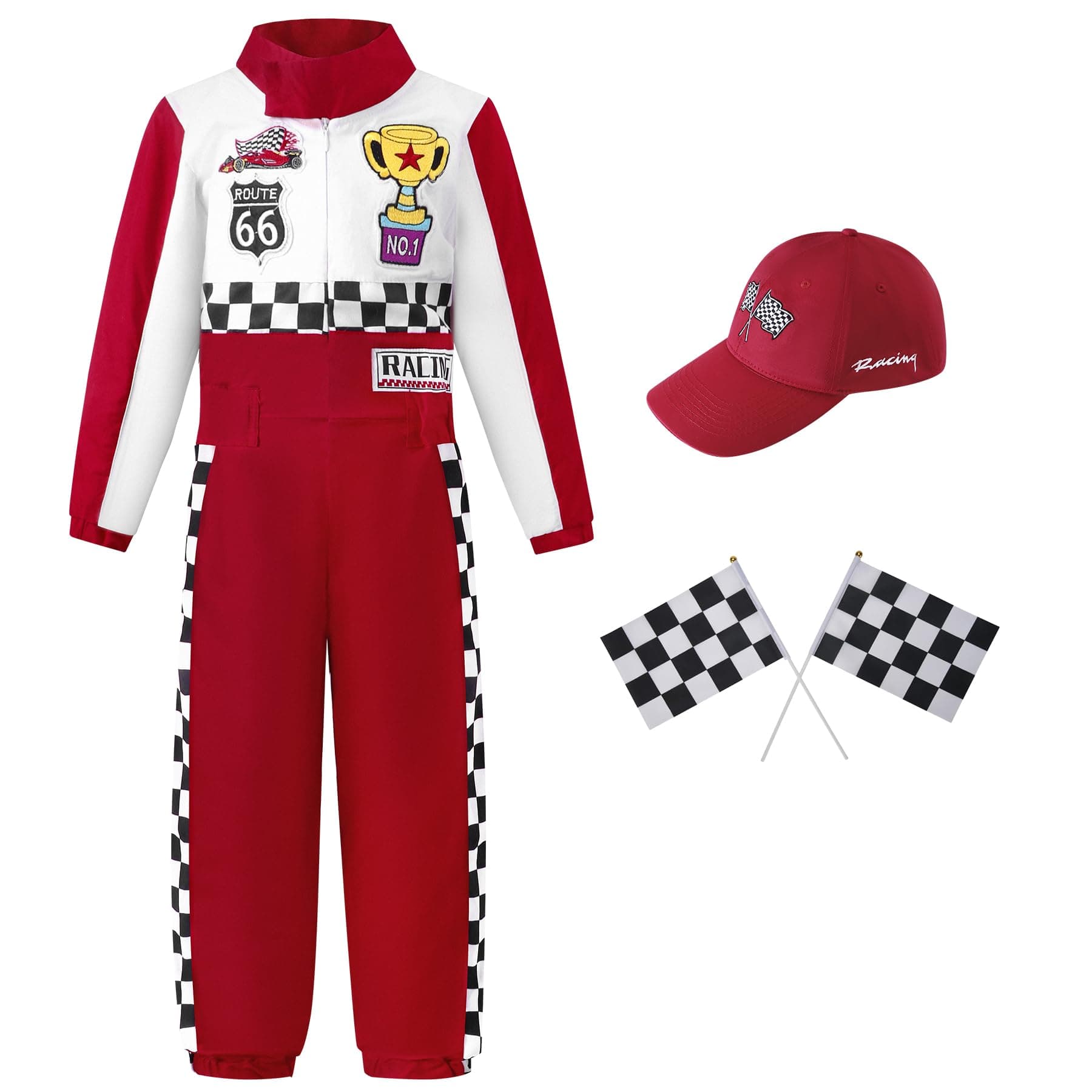 Kosgraiy Race Car Driver Costume Kid,Boy And Girl Racer Jumpsuit With Peaked Cap,Toddler Racing Costume Halloween,Red,XS/110