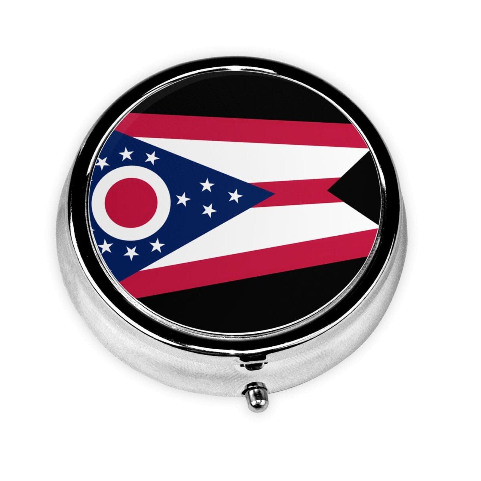 Ohio State Flag Metal Iron Electroplating, Round Pill Box, 2.0x2.0x0.7 inches, with 3 Plastic compartments