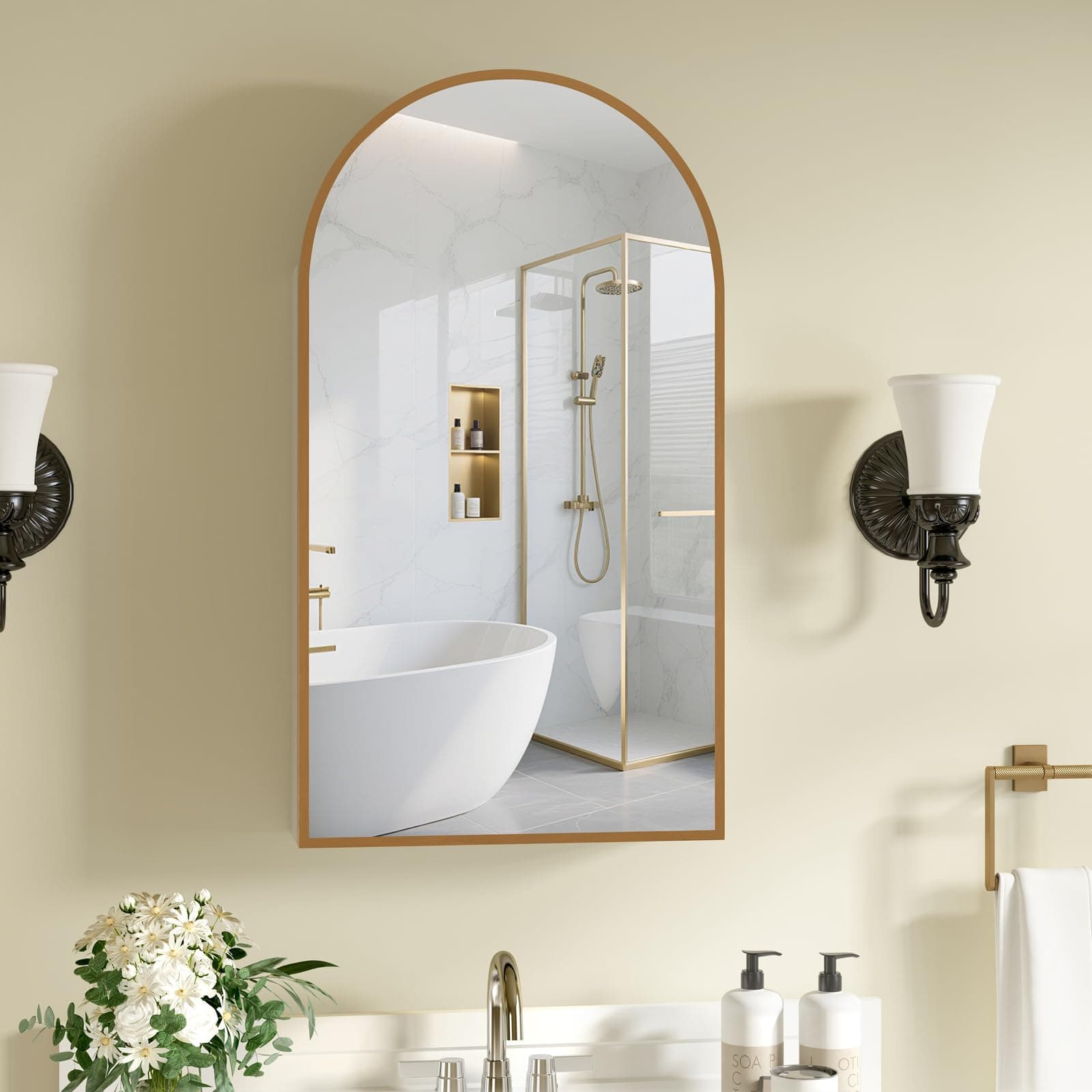 Etemnozon Arched Medicine Cabinet with Light,Recessed Led Medicine Cabinet Mirror with Storage for Bathroom, Bathroom Cabinet with Mirror 20x36'',Dark Gold