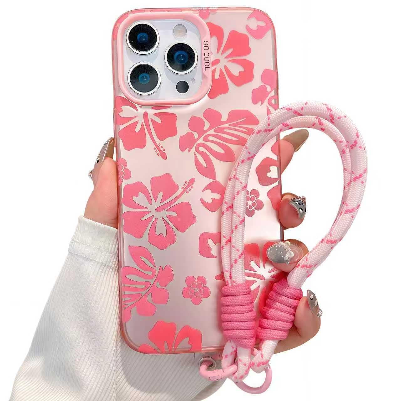FXFOOT for iPhone 14 Case, Preppy Hibiscus Flower Floral Pattern, with Wrist Strap Phone Charm, Pink Lady for Women Girls