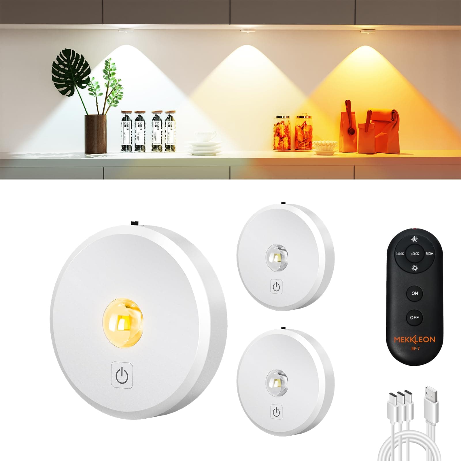 MEKKLEON Puck Lights with Remote Control Rechargeable,Wireless Under Cabinet Lighting,2000mAh Battery Operated Tap Push Touch Lights,Stick On Lights for Counter,Shelf,Bookcase (White, 3 Pcs)