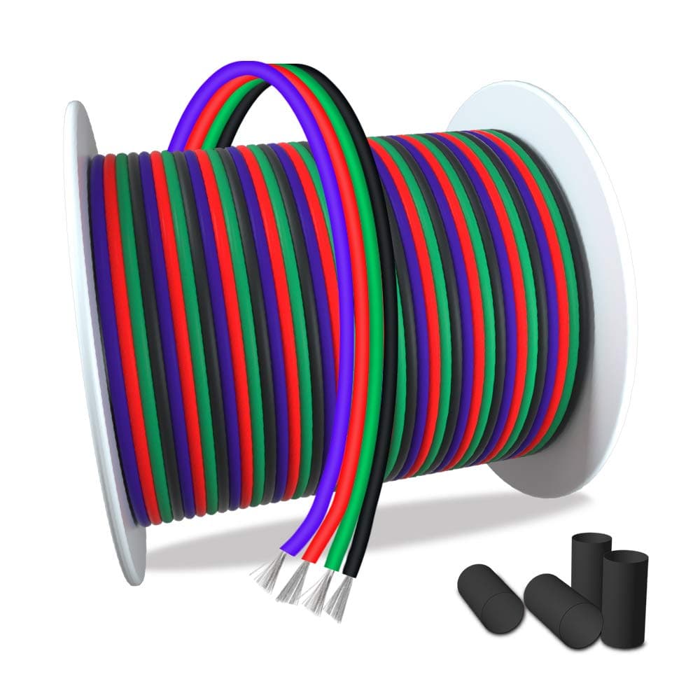 AOTOINK 100ft RGB 4 Wire Conductor Cords 4PIN 22AWG Extension Cable LED Welding Wire Tinned Copper 22 Gauge ga for 3528 5050 RGB LED Strip