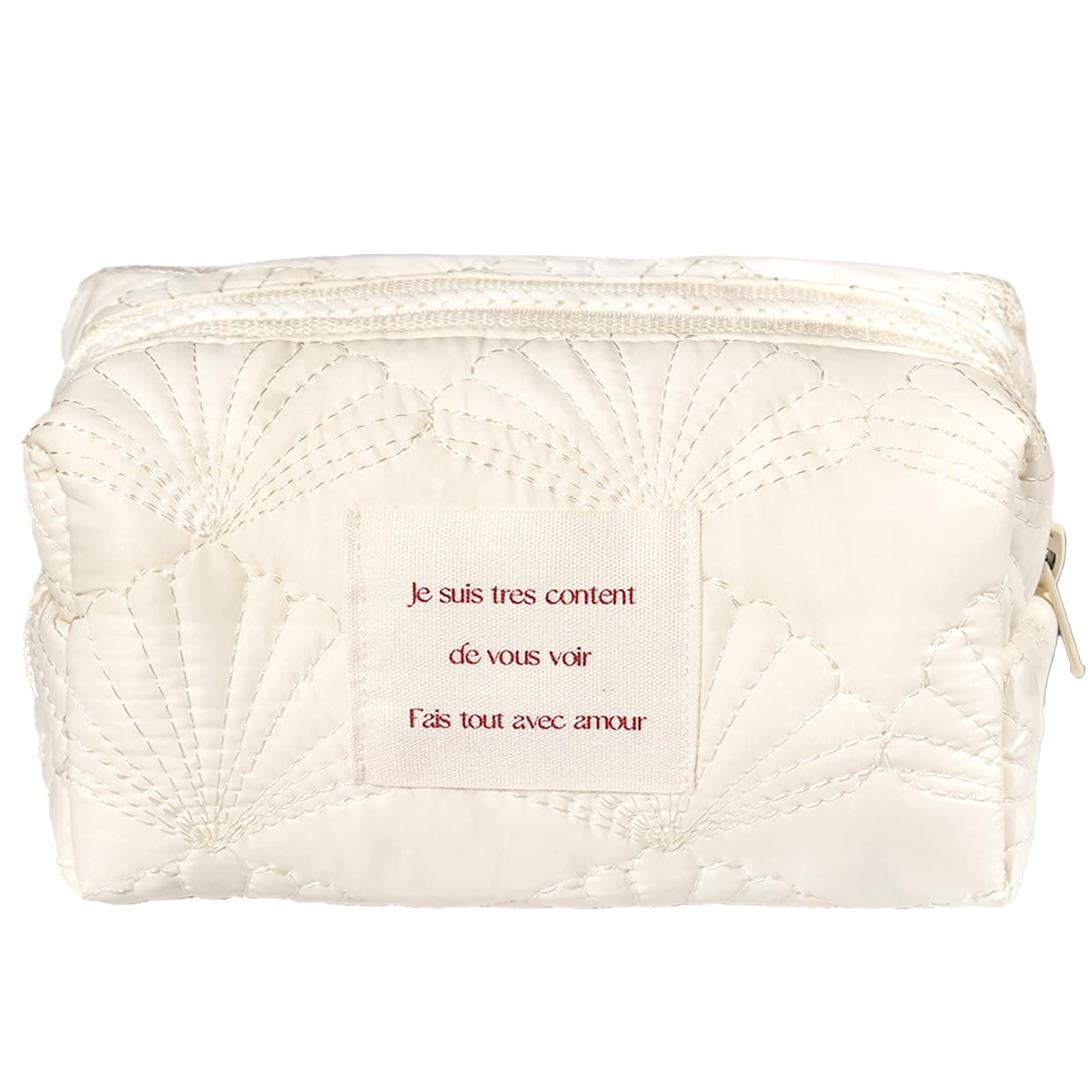 Sminra White Makeup Bag Small Nylon Cotton Quilted Cosmetic Makeup Bag Organizer, Aesthetic Floral Waterproof Portable Pouch Purse Toiletry Bag for Women Girls Travel accessories, White shell-S,