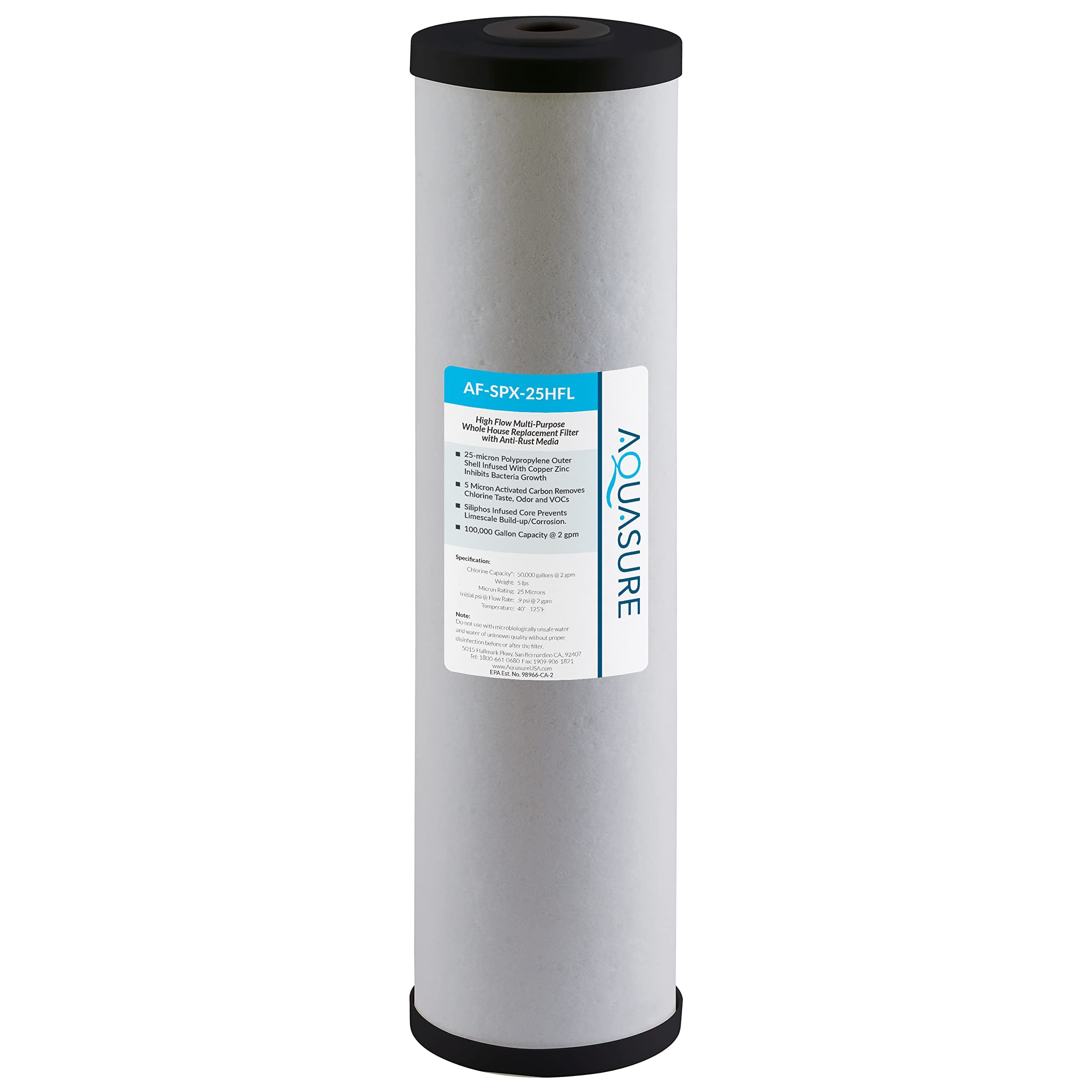Aquasure Fortitude V2 Series AF-SPX-25HFL Sediment/Carbon/Siliphos Anti-Rust Media, Bacteria & Scale Inhibitor, Triple Purpose Whole House Replacement Filter Cartridge For AS-FL-25SPX, Large Size