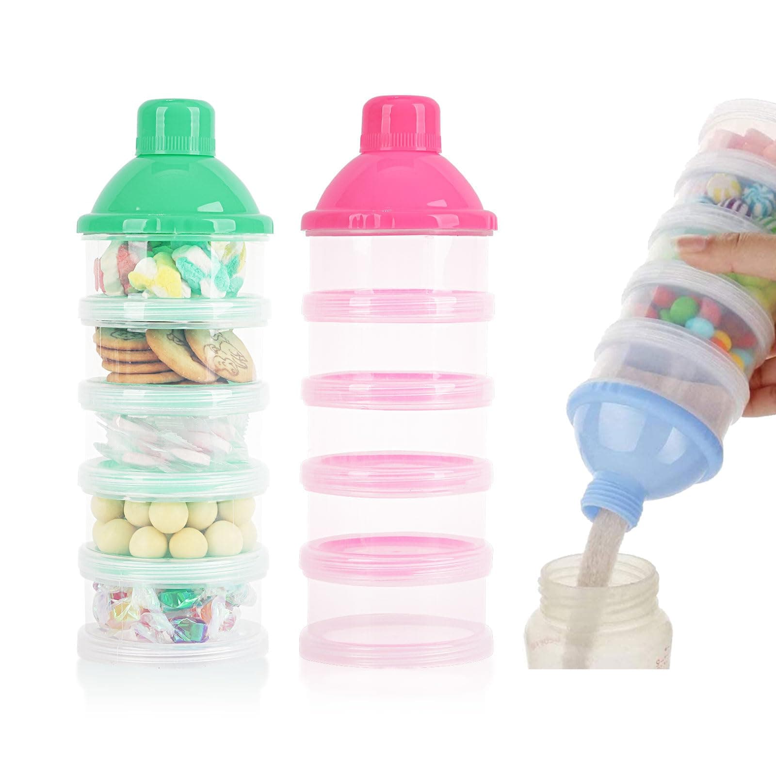 Manwetye 2 PCS 5 Layers Baby Milk Powder Dispenser, Milk Powder Pots, Formula Dispenser Portable Milk Powder Formula Dispenser Container Pot Box Milk Cans Snack Storage Box for Travel (Pink + Green)
