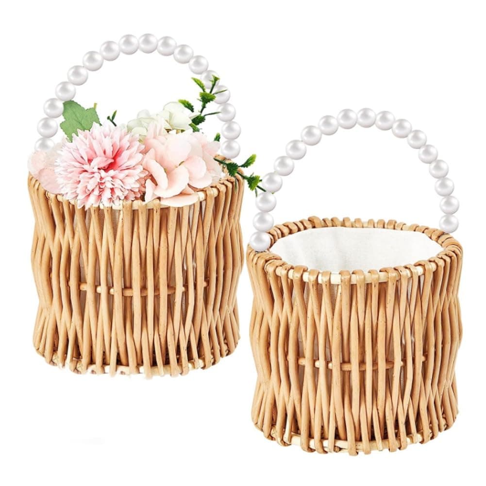 Daiilg Wicker Wedding Flower Girl Baskets Pearl Wicker Rattan Handwoven Basket with Handle Straw