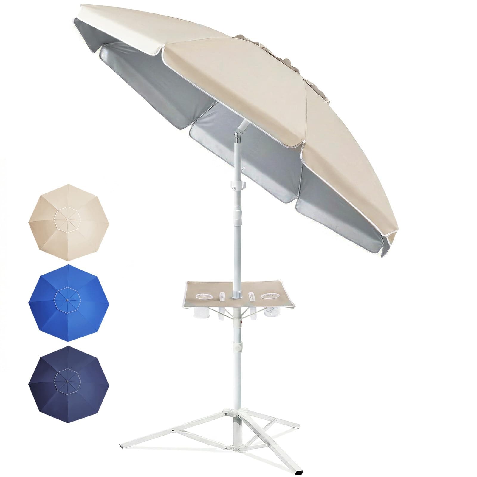 7ft Portable Umbrella with Stand Featuring a Built-in Table, UPF 50+ Sports Sun Shade Umbrella with Carry Bag & Hook, Adjustable Instant Sun Protection for Sports, Beach, Fishing, Beige