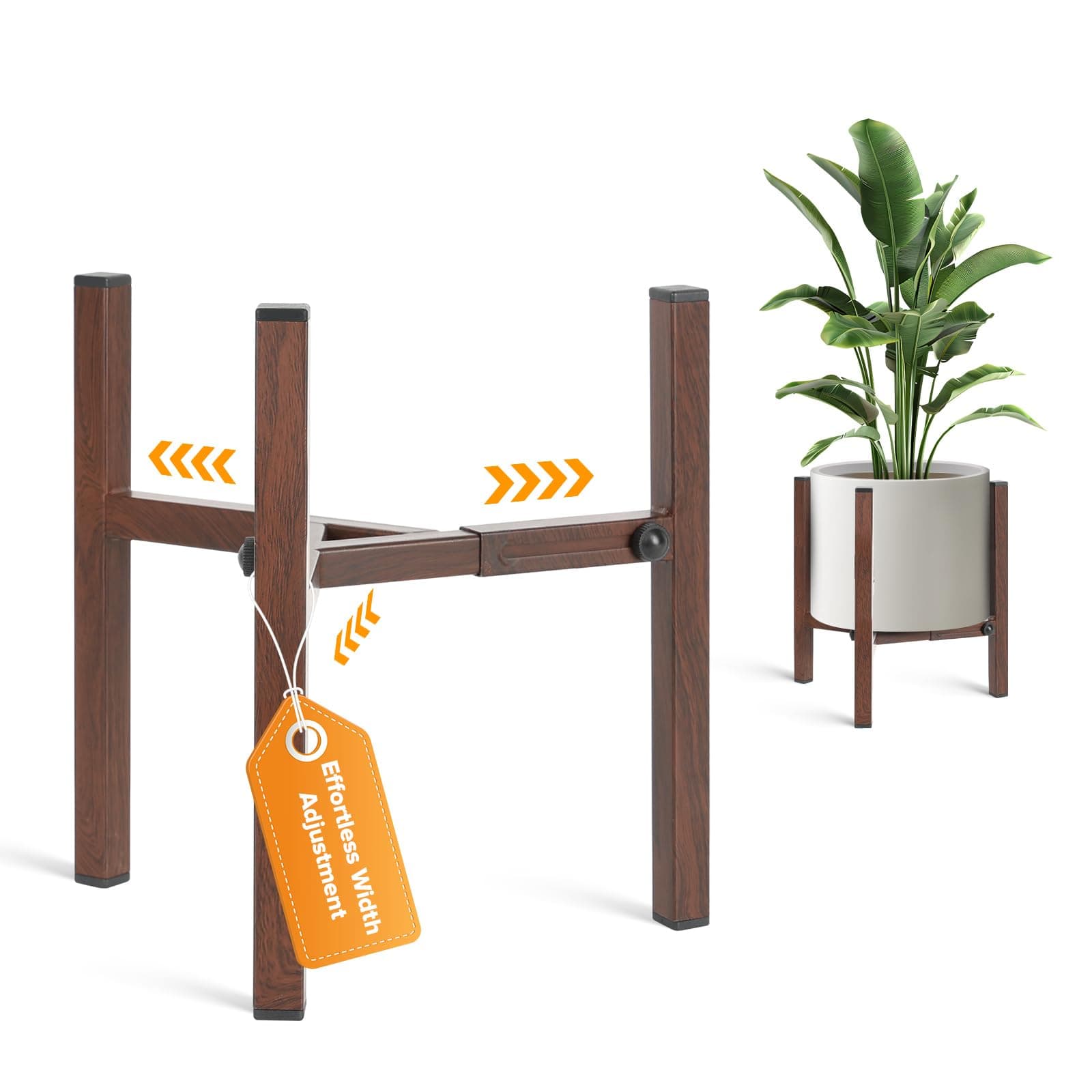 AZADESJET Plant Stand Indoor Adjustable, Metal Modern Indoor Plant Stand, Heavy Duty Plant Stands Outdoor Corner, Stable Plant Holder, Fits 8 to 12 Inches Pots, Walnut Wood-Grain, 1 Pack