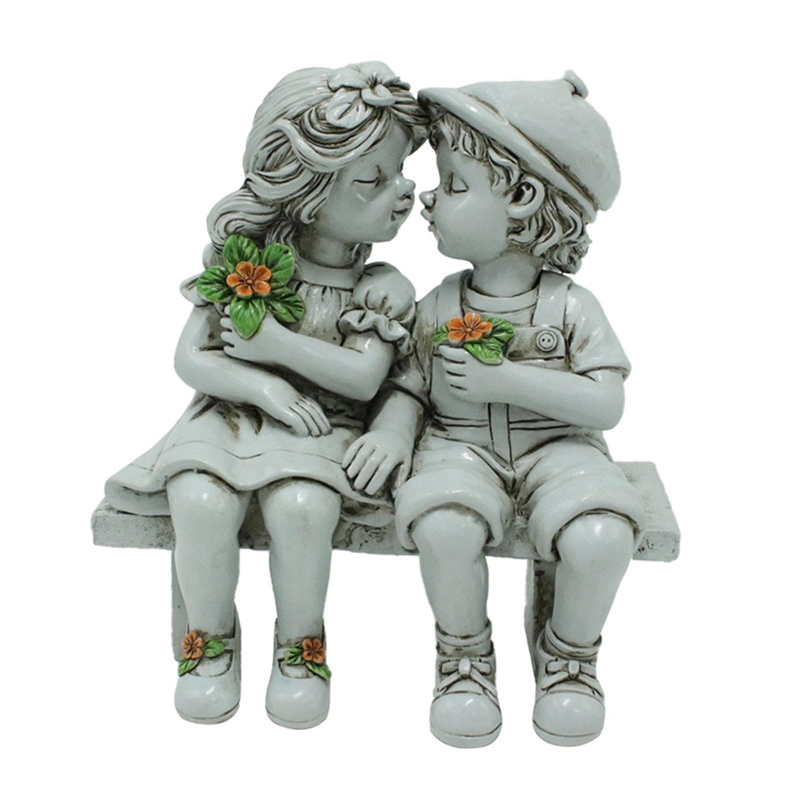 Boy and Girl Kissing Statue Outdoor Sculpture Resin Ornament Sitting on Bench for Home Yard Desk Cafe Flowerbed Decor