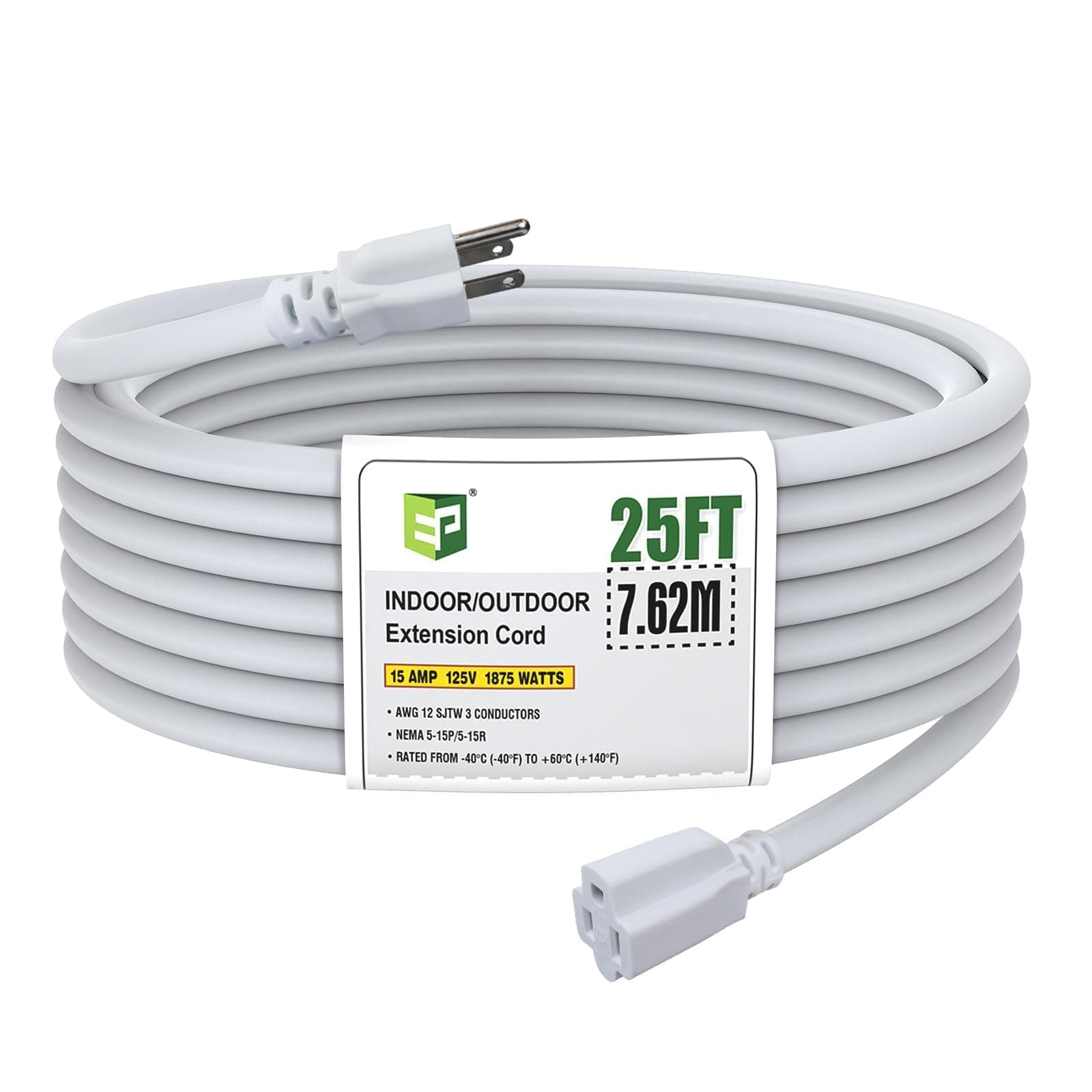 EP 25 Ft Outdoor Extension Cord, 12/3 SJTW Heavy Duty Extension Cable with 3 Prong Grounded Plug, 15 AMP Power Cord for Lawn, Garden, Appliances, White