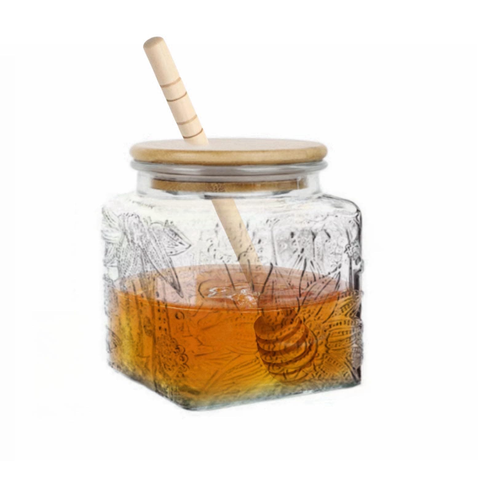 ANSQU Honey Pot, Airtight Glass Honey Jar with Bamboo Lid and Dipper Stick, Honey Container for Storing Syrup Jam Mason Jar for Home Kitchen, 17oz (Square Sunflower,1 Pack)
