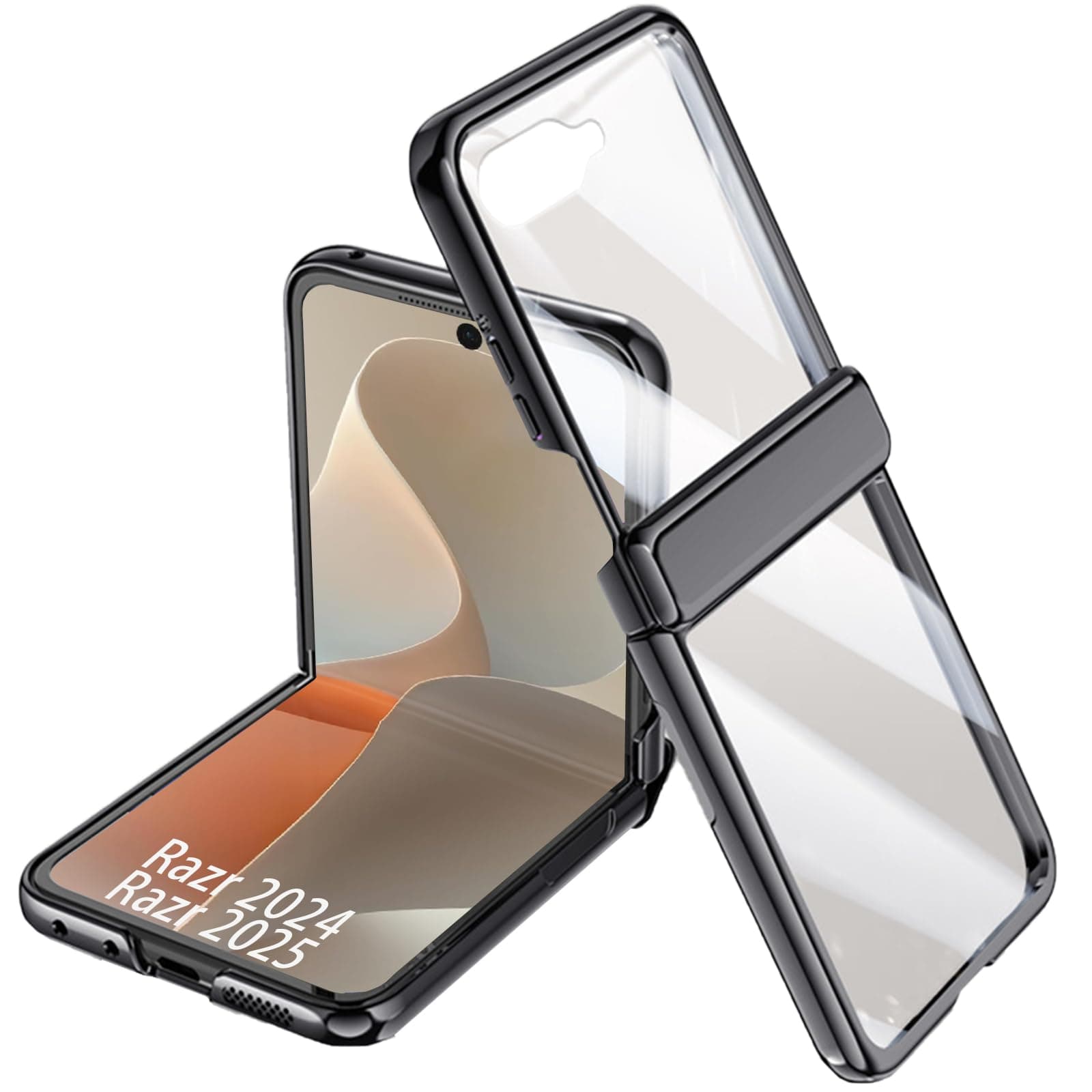 YuetWay for Motorola Razr 2025 / Razr 2024 Case Clear with Hinges Protection & Plated Frame & Built-in Front Screen Protector (Black, Razr 2025/2024)