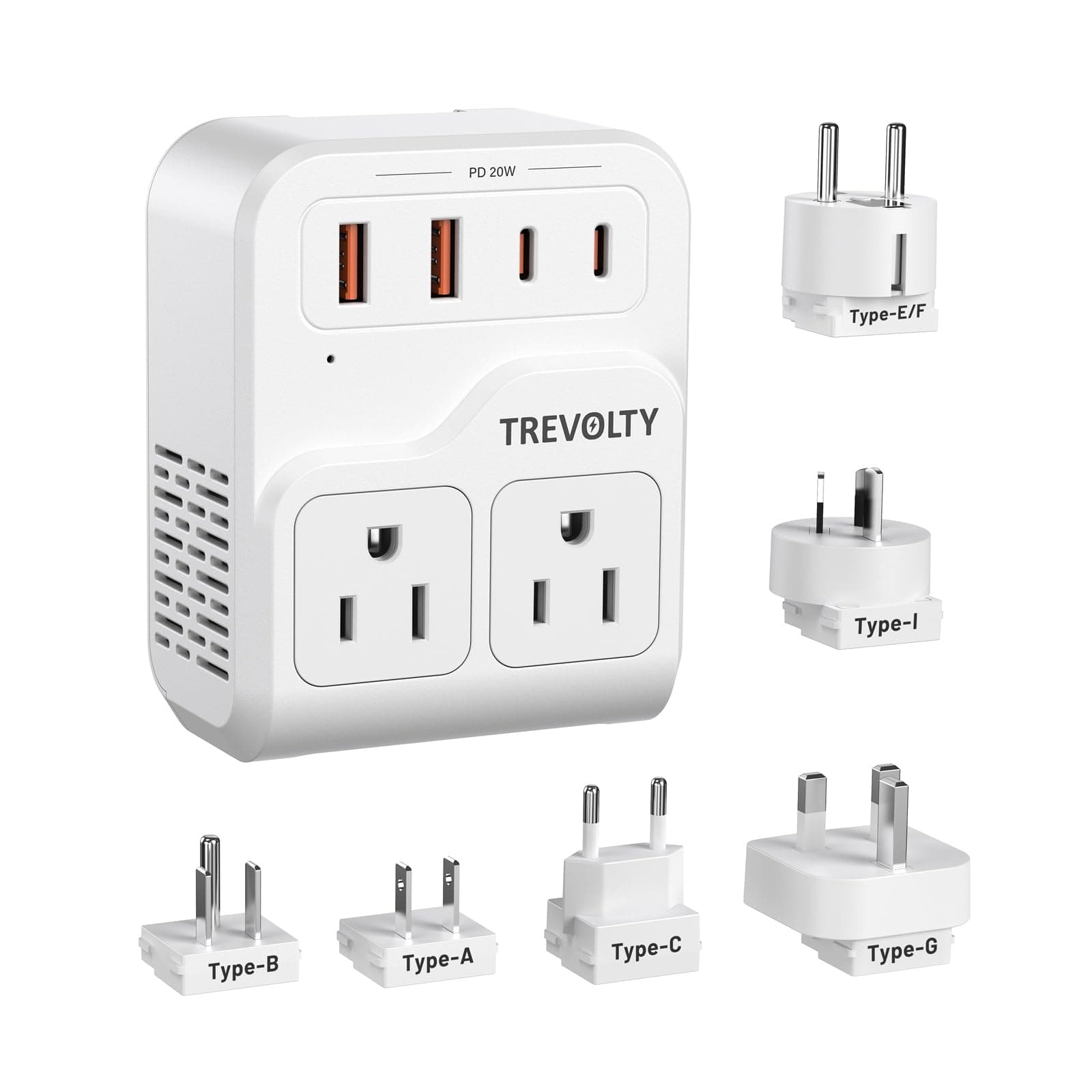 TREVOLTY 7-in-1 European Travel Plug Adapter, 2000W Universal Travel Adapter with 3 AC Sockets, 2 USB-A & 2 USB-C (PD 20W) Ports, Travel Essentials International Power Adapter for UK/EU/China/Japan