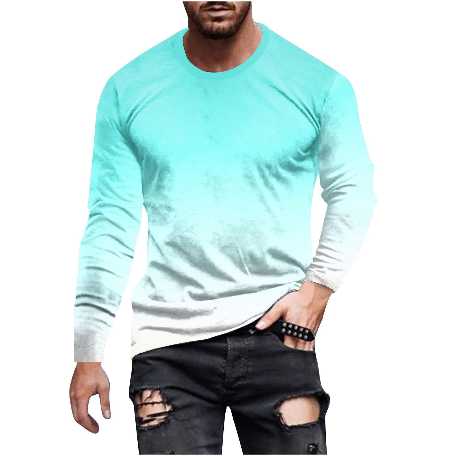 T Shirts for Men UK Cotton Tops Clearance,Mens Gradient Color Long Sleeve Round Neck Oversized Pullover Blouses Casual Loose Comfortable Soft Shirts 2025 Spring Summer Fall Outdoor Sport Tees S-5XL
