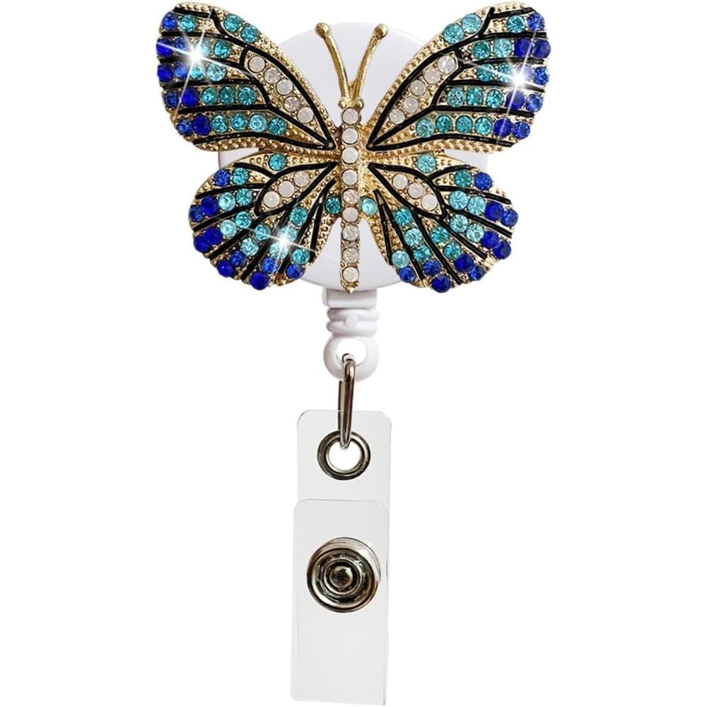 Blue Rhinestone Butterfly Badge Reel with Swivel Alligator Clip, Retractable ID Badge Holder for Teachers, Employees