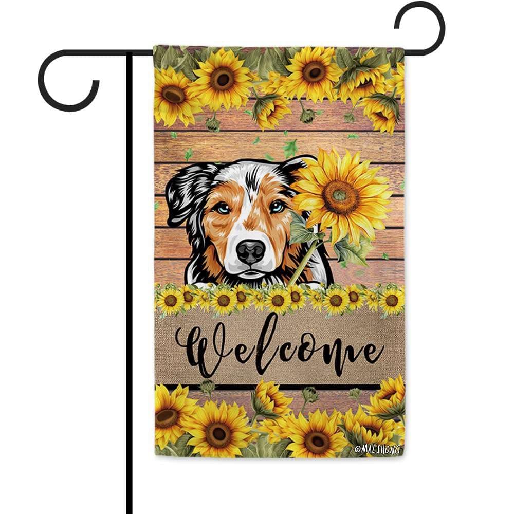 MALIHONG Sunflower Welcome Garden Flag Cute Australian Shepherd Dog Summer Floral Small Flag 12.5x18 Inch Vertical Double Sided Farmhouse Garden Yard Garden Decor