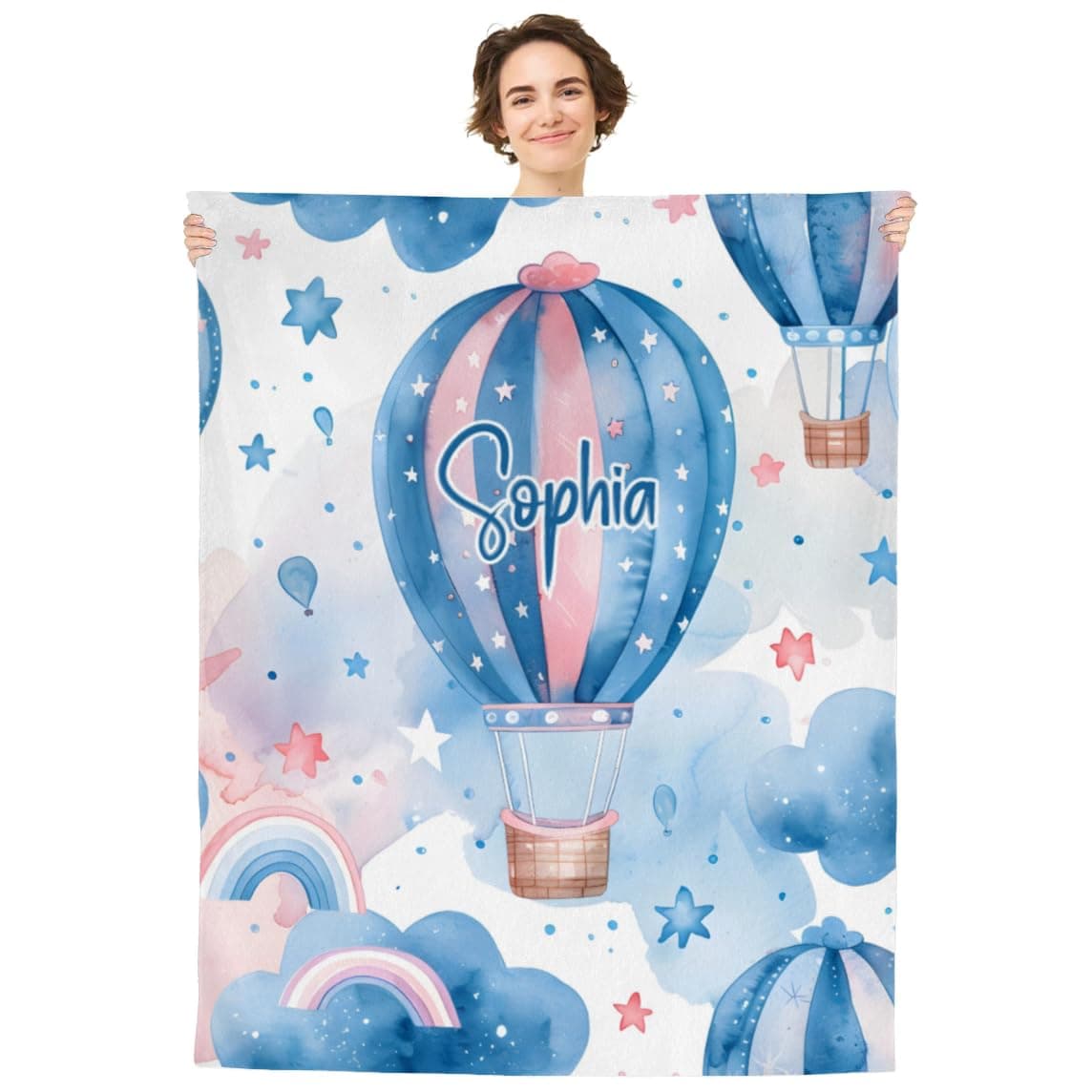 Custom Blanket for Baby Boys Girls Bed Blanket for Baby Soft Throw Blanket with Name Baby Gift Soft Blankets Rainbow Hot Air Balloon Blanket
