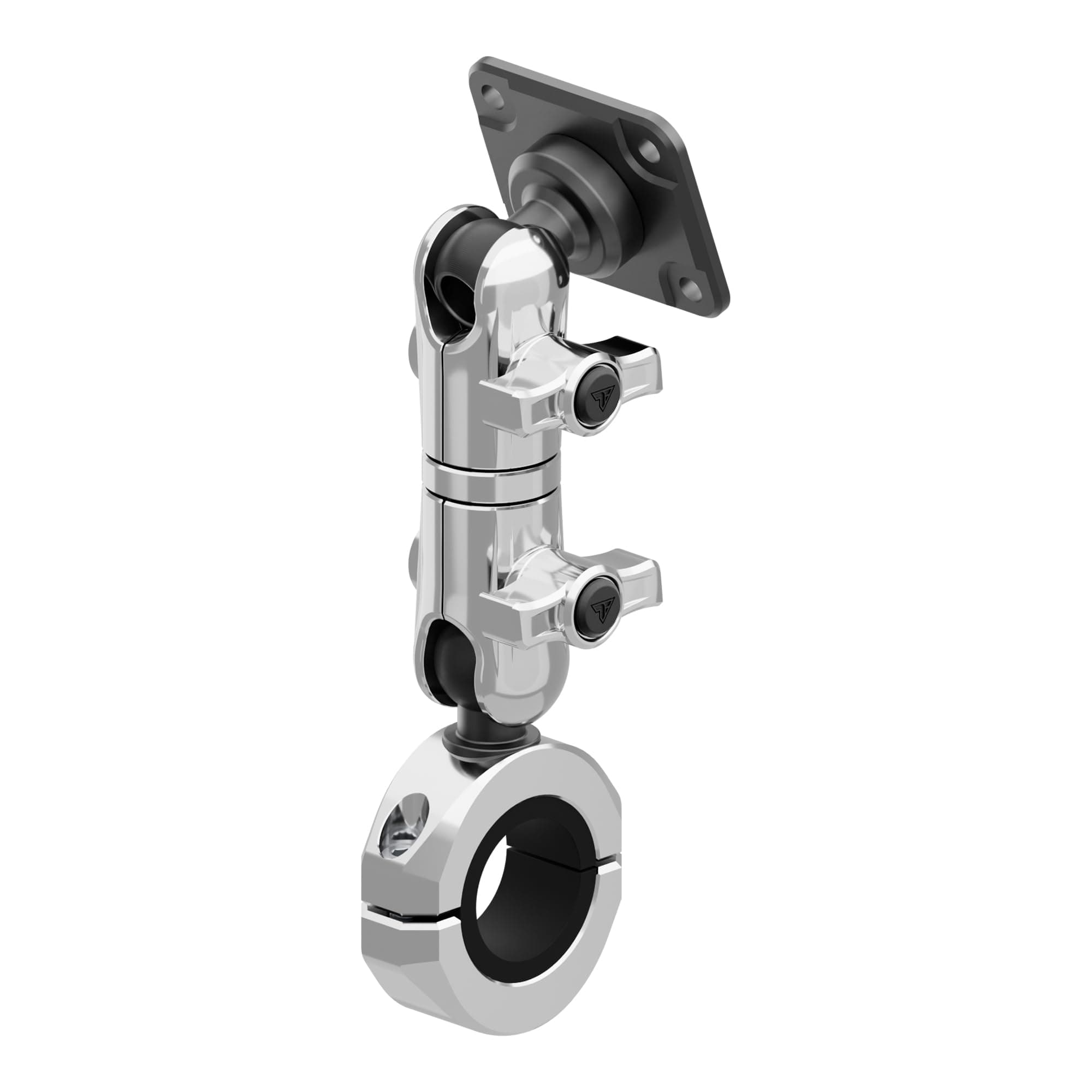 Tackform Chrome Motorcycle GPS/Tuner Mount - 4-Hole AMPS Pattern | BC3 Universal Clamp Fits 7/8" to 1-1/4" Handlebars | Aluminum | Compatible with Garmin Zumo, Dynojet Tuner, More | Long Reach Arm