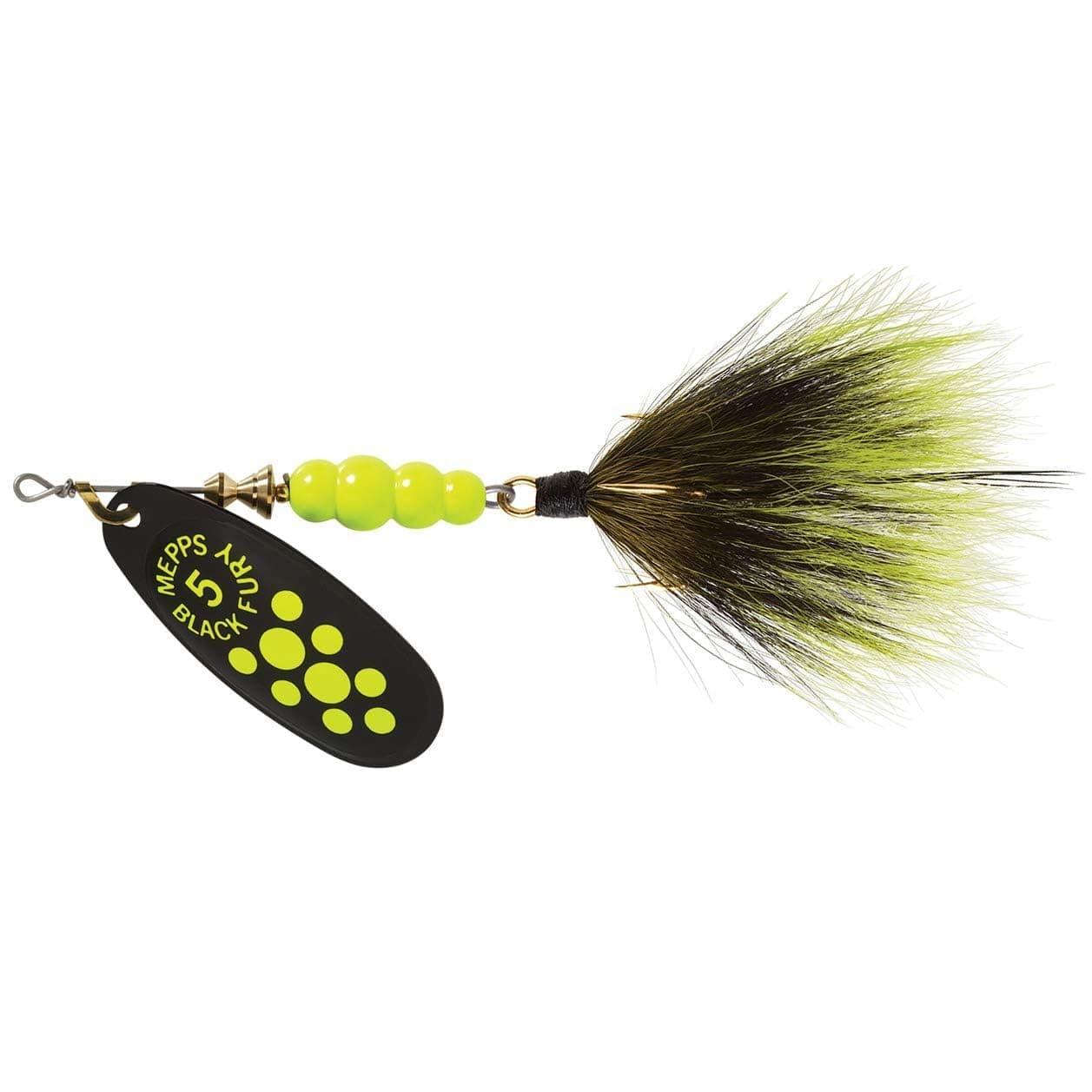 9.5 g Mepps Black Fury Dressed no. 4 Chartreuse Dot