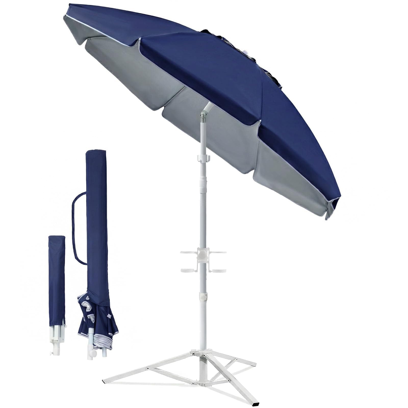 7ft Portable Umbrella with Stand, UPF 50+ Sports Sun Shade Umbrella with Carry Bag, Hook & Cup Holders, Adjustable Instant Sun Protection for Sports, Beach, Fishing, Navy Blue