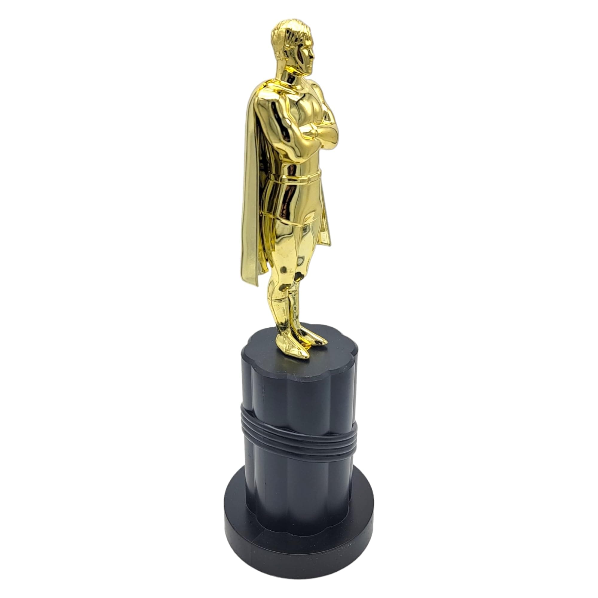 Zugar Land Gold Superhero Trophy Statue on Large Black Podium (1 Pack) (9.25") Movie Award Super Hero Costume Cape Awards for Kids and Adults
