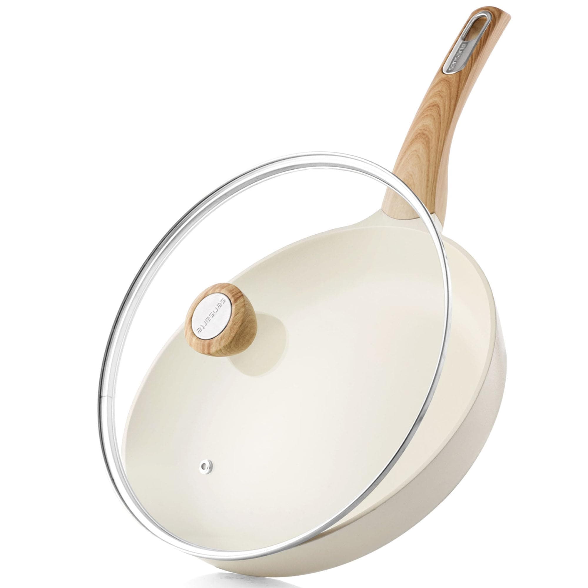 SENSARTE Ceramic Nonstick 9.5 Inch White Frying Pan with Tempered Glass Lid