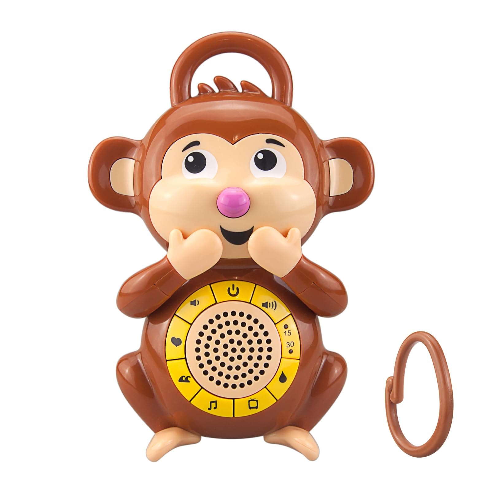 BIGMONAT Monkey Baby Sleep Soother with a White Noise Sound Machine Featuring 5 Soft Ambient Sounds, USB Rechargeable and Lullaby Machine for Sleeping Travel Baby Gift (Brown)