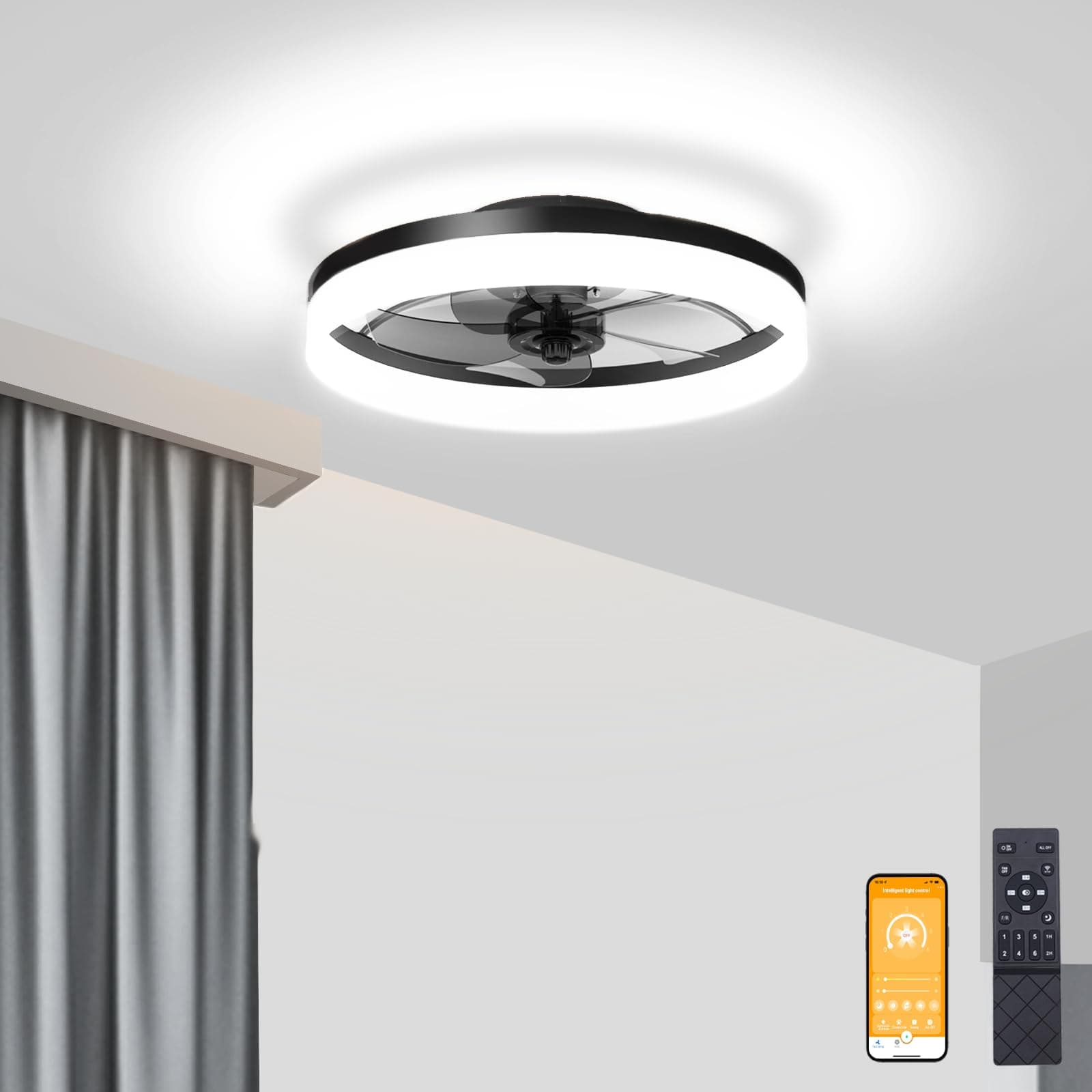 VOLISUN Low Profile Ceiling Fans with Lights and Remote, 19.7in Black
