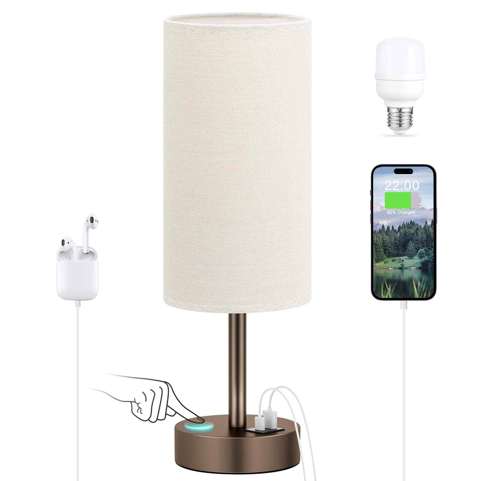 Dicoool Bedside Table Lamp for Bedroom - 3-Way Dimmable Touch Lamp, USB A+C