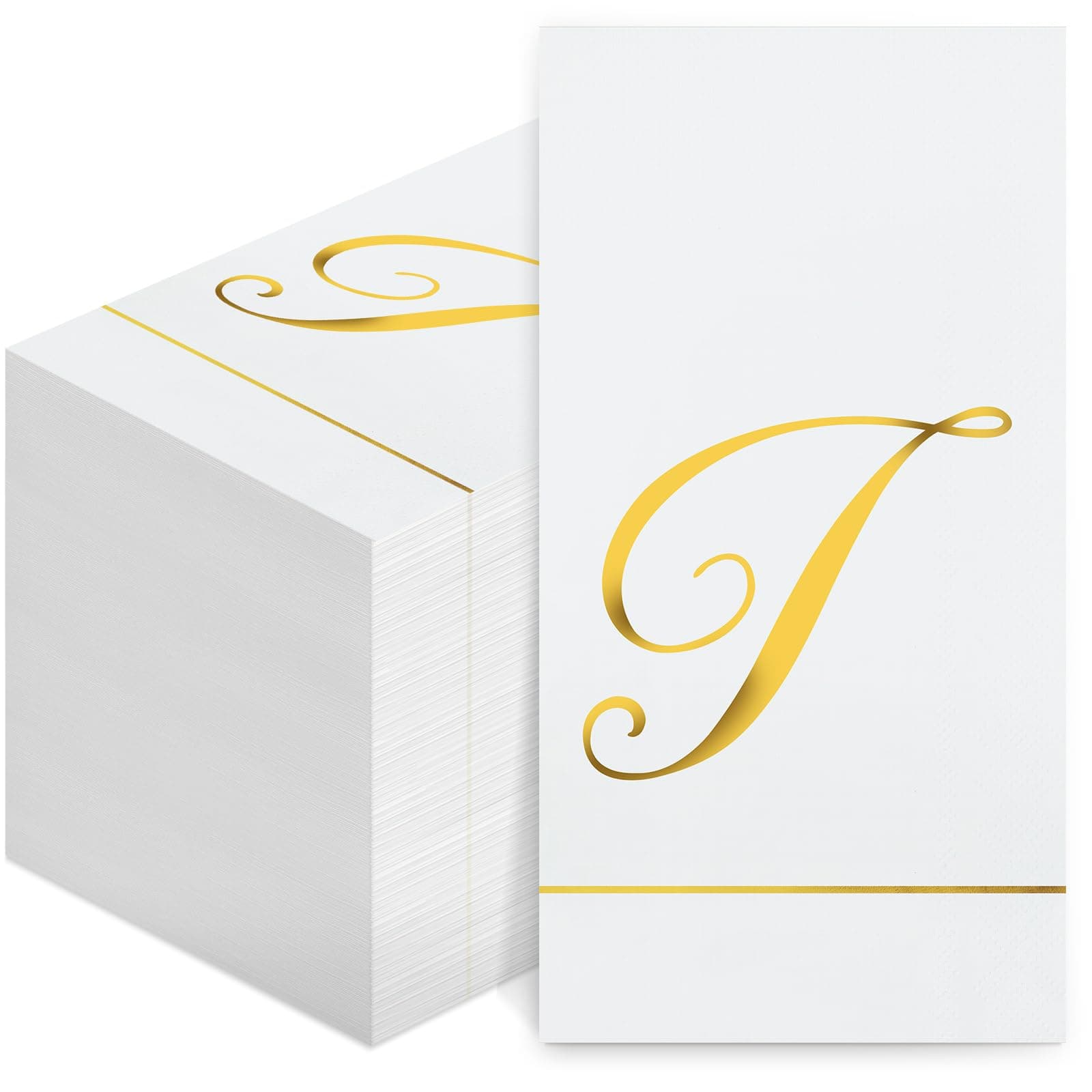 Pasimy 100 Pcs Initial Napkins Monogram Guest Napkins Gold Letter Paper Towels Disposable Elegant Dinner Towels for Wedding Bridal Shower Holiday Birthday Party Tableware Decor(T Letter)