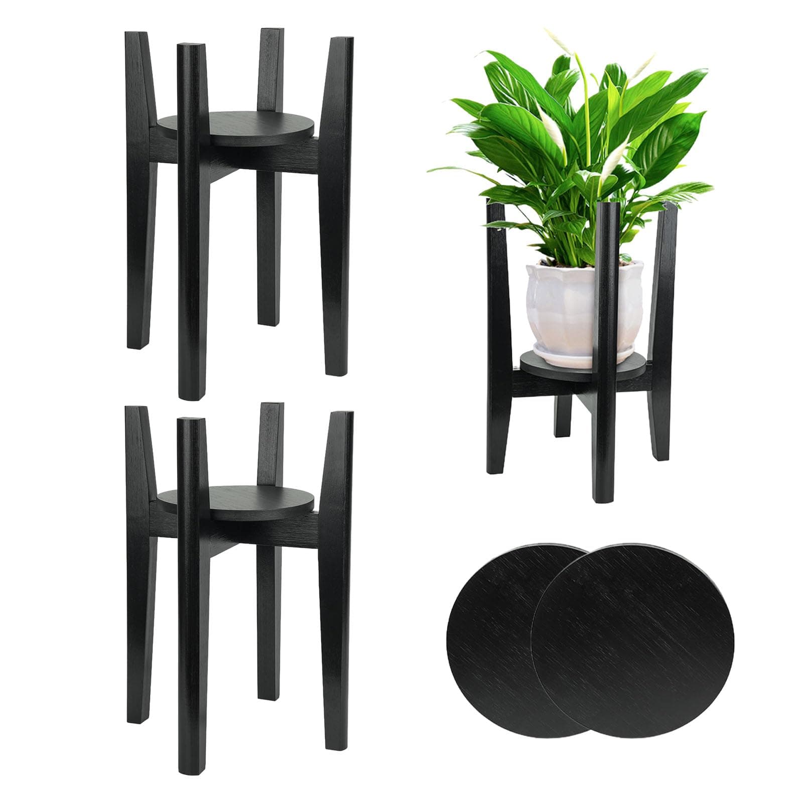2 Packs Adjustable Plant Stand with Tray,Indoor Wood Plant Stand Fit 8'' to 12'' Planter,Mid Century Modern Flower Pot Holder Rack(Plant and Pot Not Included) Black