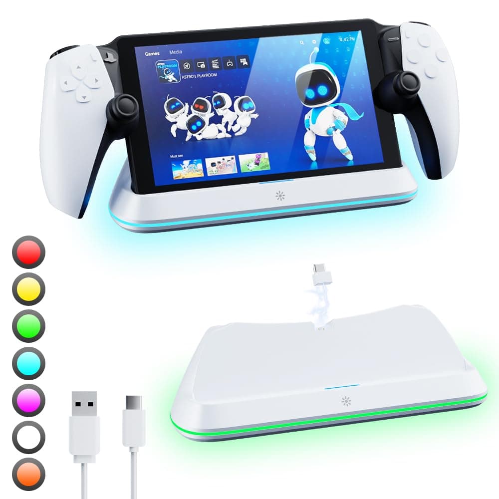 HONCAM Charging Stand for PlayStation Portal,PS Portal Stand with 7 RGB Light Modes, PS5 Portal Portable Charging Dock Station with Magnetic Connector and USB-C Charging Cable (White)