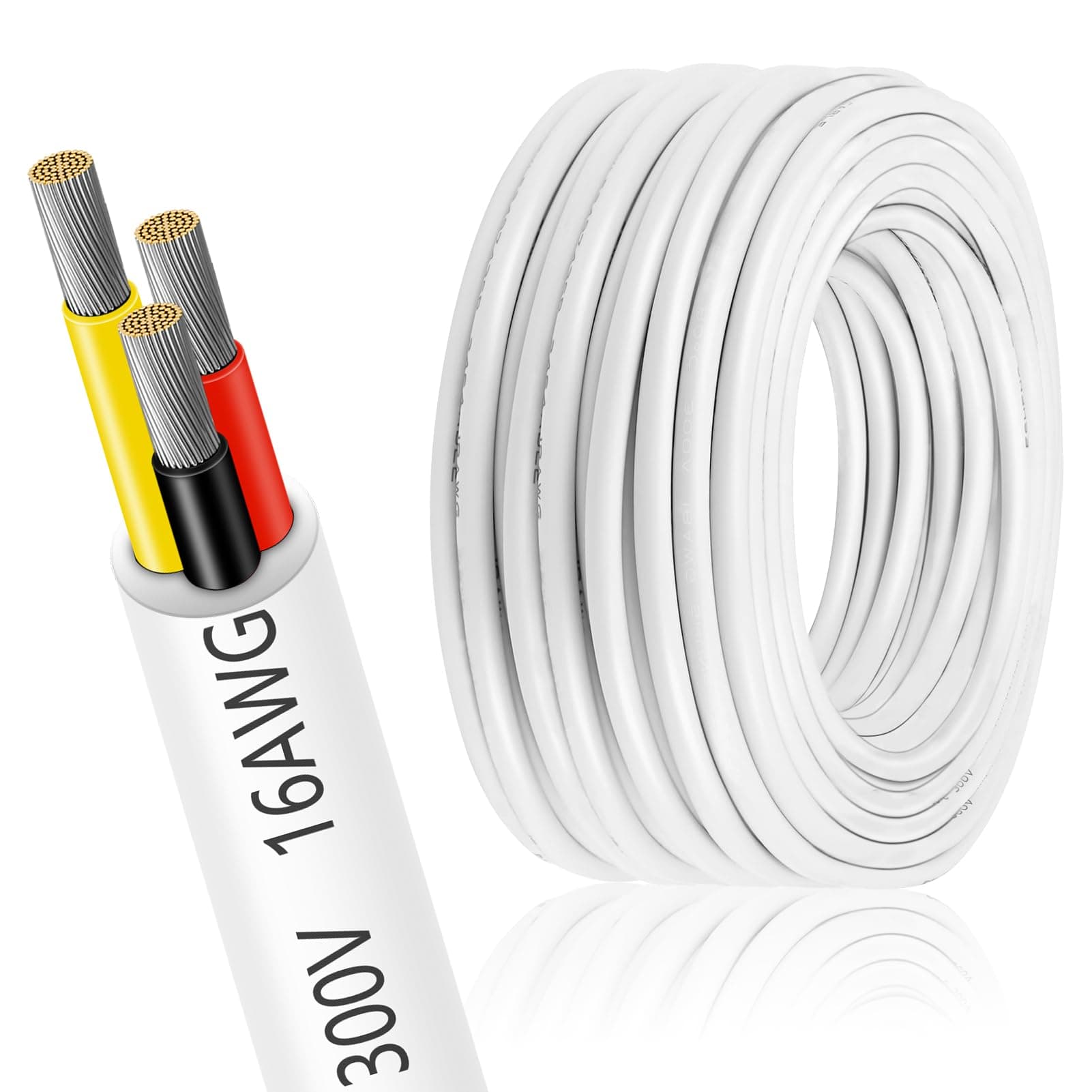 16 Gauge Electrical Wire 3 Conductor, 32.8FT 16AWG Insulated Stranded Tinned Copper Wire, 16/3 White Flexible Extension Cable for LED Lighting, Automotive, Low Voltage Applications