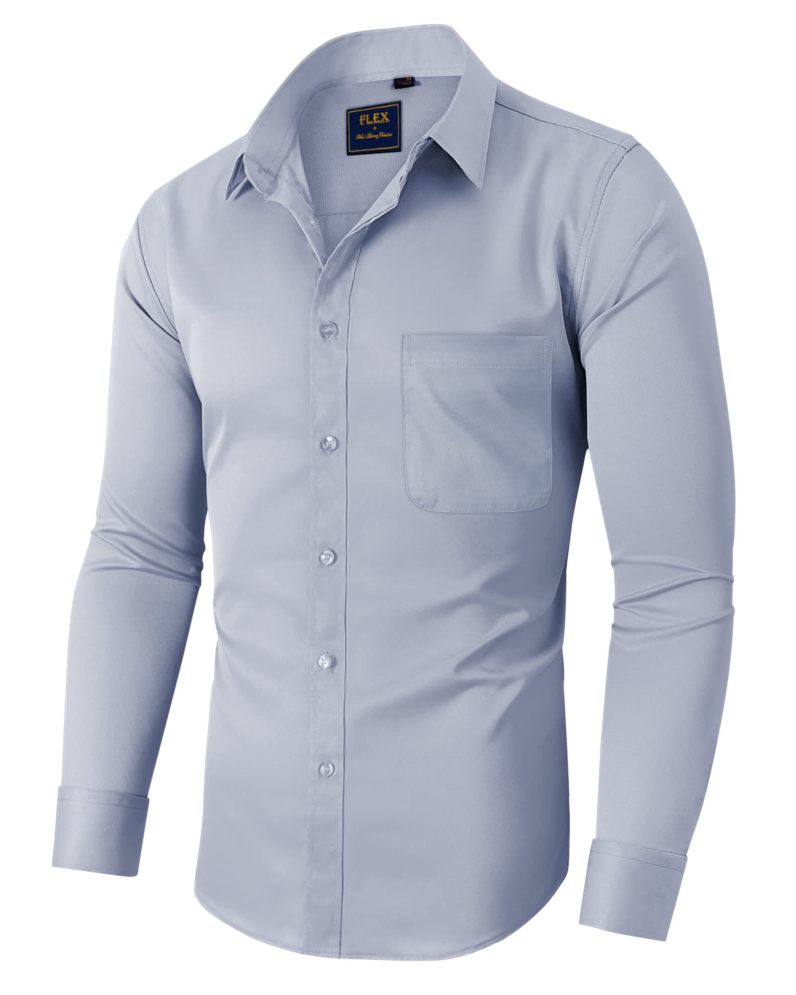siliteelon Men Shirts Non Iron Grey Silver Cotton Dress Formal Long Sleeve Shirt Regular Fit Stretch Wedding Party Concert Business Office Work Shirt for Men Adult M